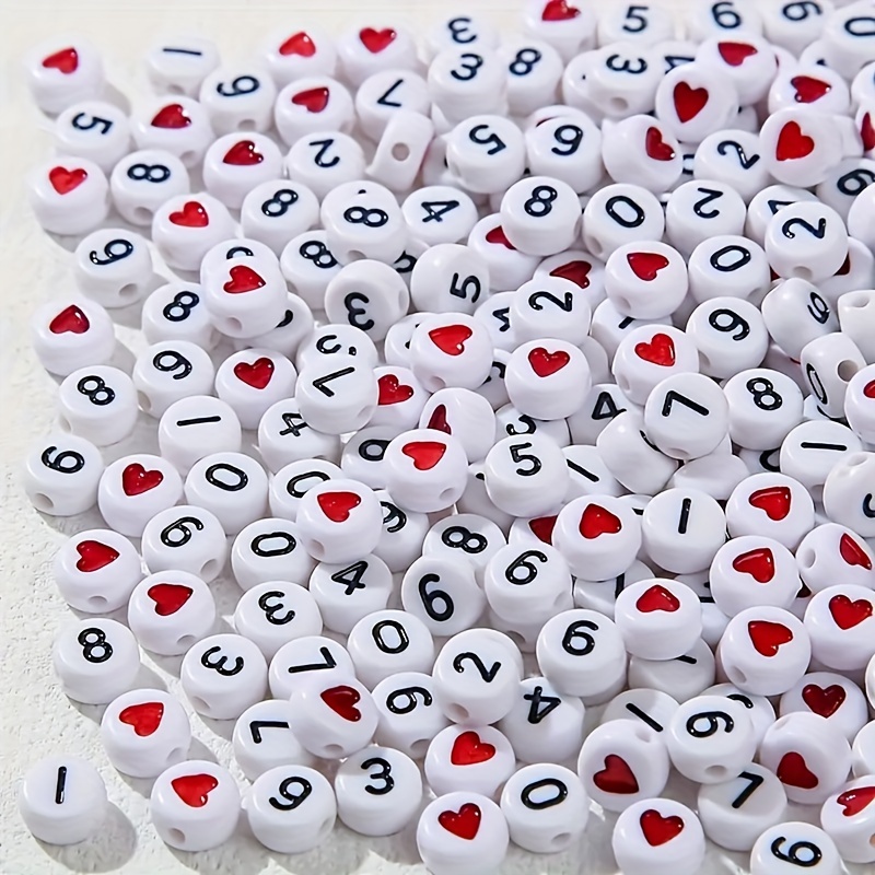Image of 100pcs Red Heart & Number Beads Mix, 4x7mm Acrylic - Diy Couples Bracelets & Jewelry Making Accessories