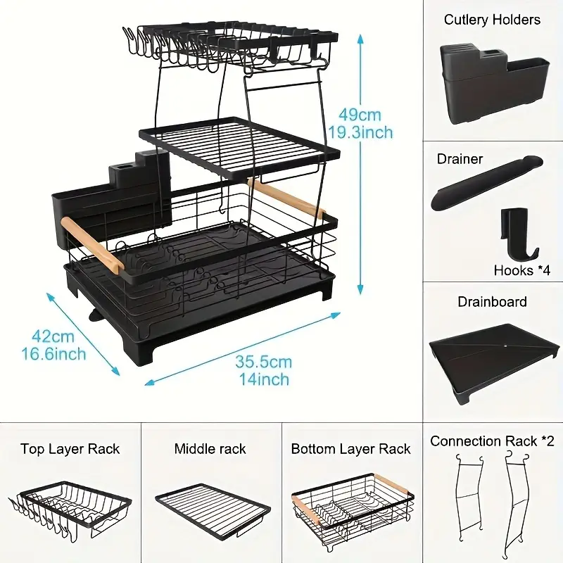 2 3 tier large dish drying rack with heavy duty iron kitchen organizer for dishes utensils cups knives space saving countertop storage with lower compartment Product details 4