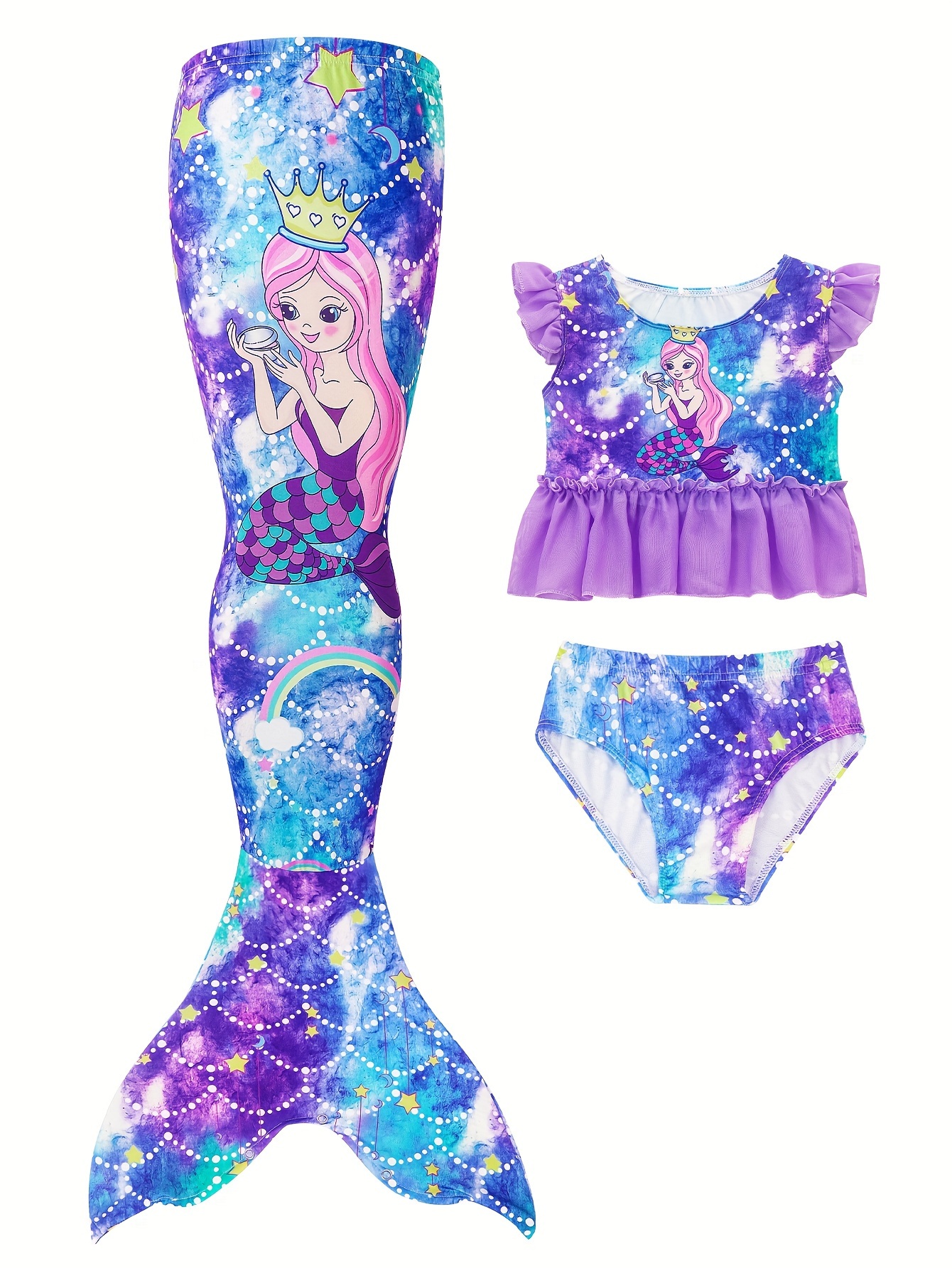 girls mermaid swimsuit cosplay costumes ruffle top shorts bottoms mermaid tail bikini bathing suit