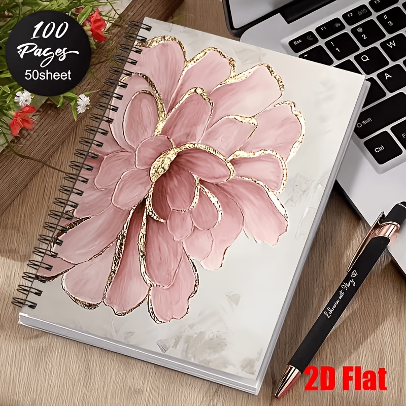 TEMU 1 Elegant Pink Peony Notebook With Golden- Print And Blank Pages, 5.7x8.26 Inches, 100 Ruled Pages, [2d] Flat Design, Suitable For Daily