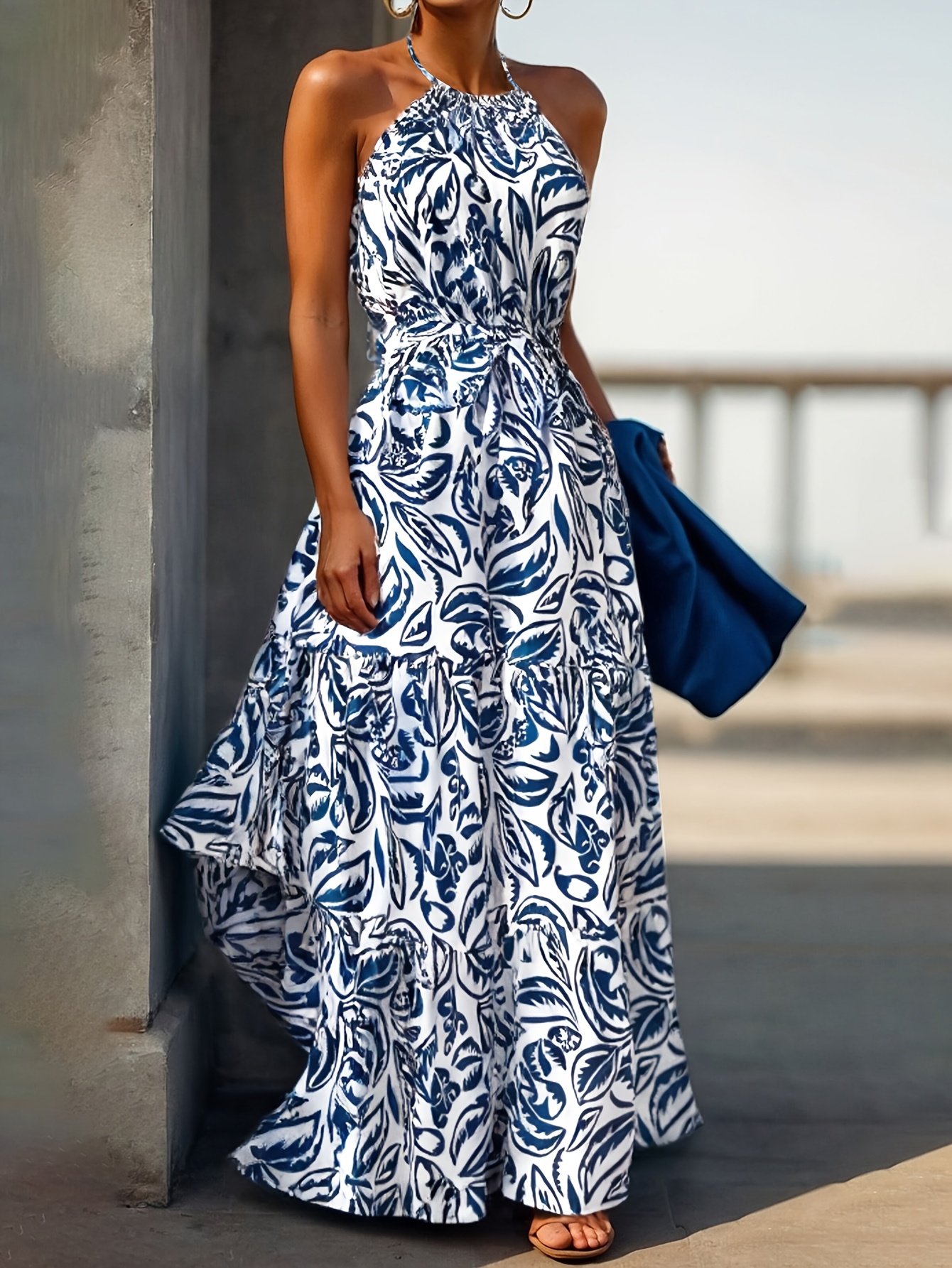 elegant blue white floral print halter neck maxi dress women