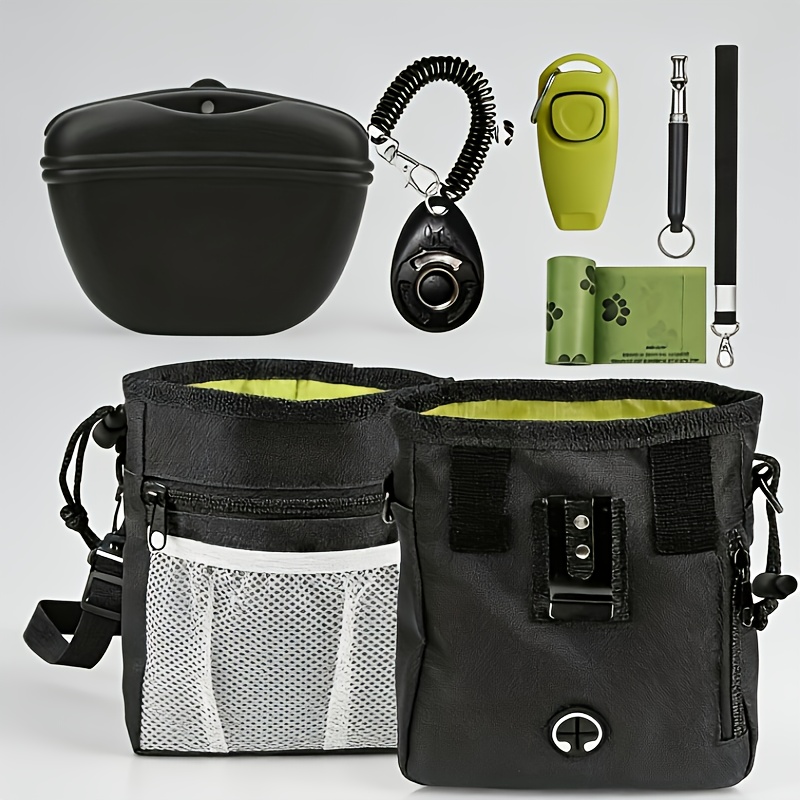 E-shop 7-teiliges Haustier-Trainingsset – Verstellbare Pfeifen, 2 Clicker, Leckerli-Tasche & Kotbeutel – Langlebige Nylon-Tasche mit Schultergurt –
