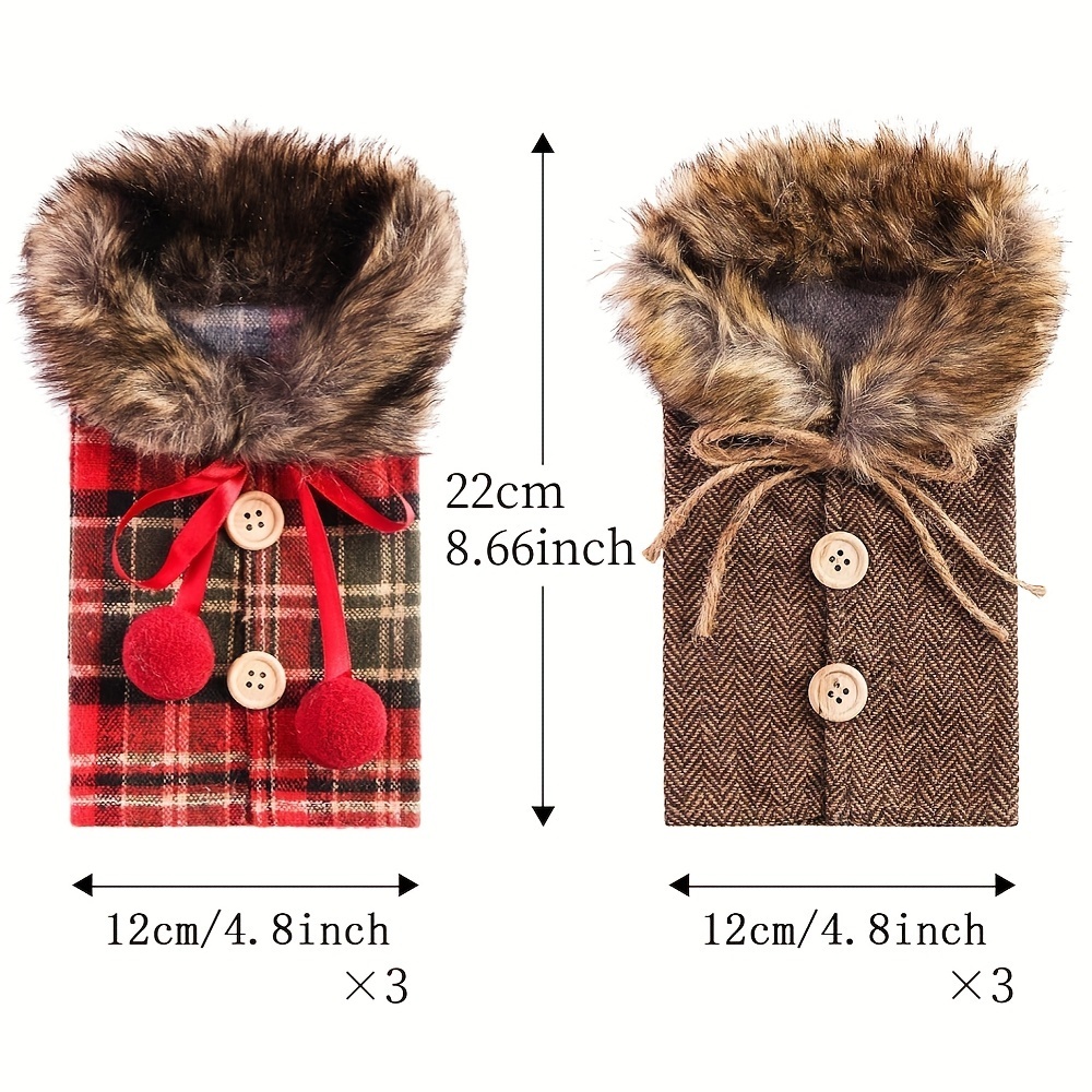 Image of 6 Christmas Sweater Bottle Covers With A Plaid Design, Bottle Dresses Featuring Faux Fur Collars And Coat Designs, Suitable For Decorating Bottles At Christmas Parties
