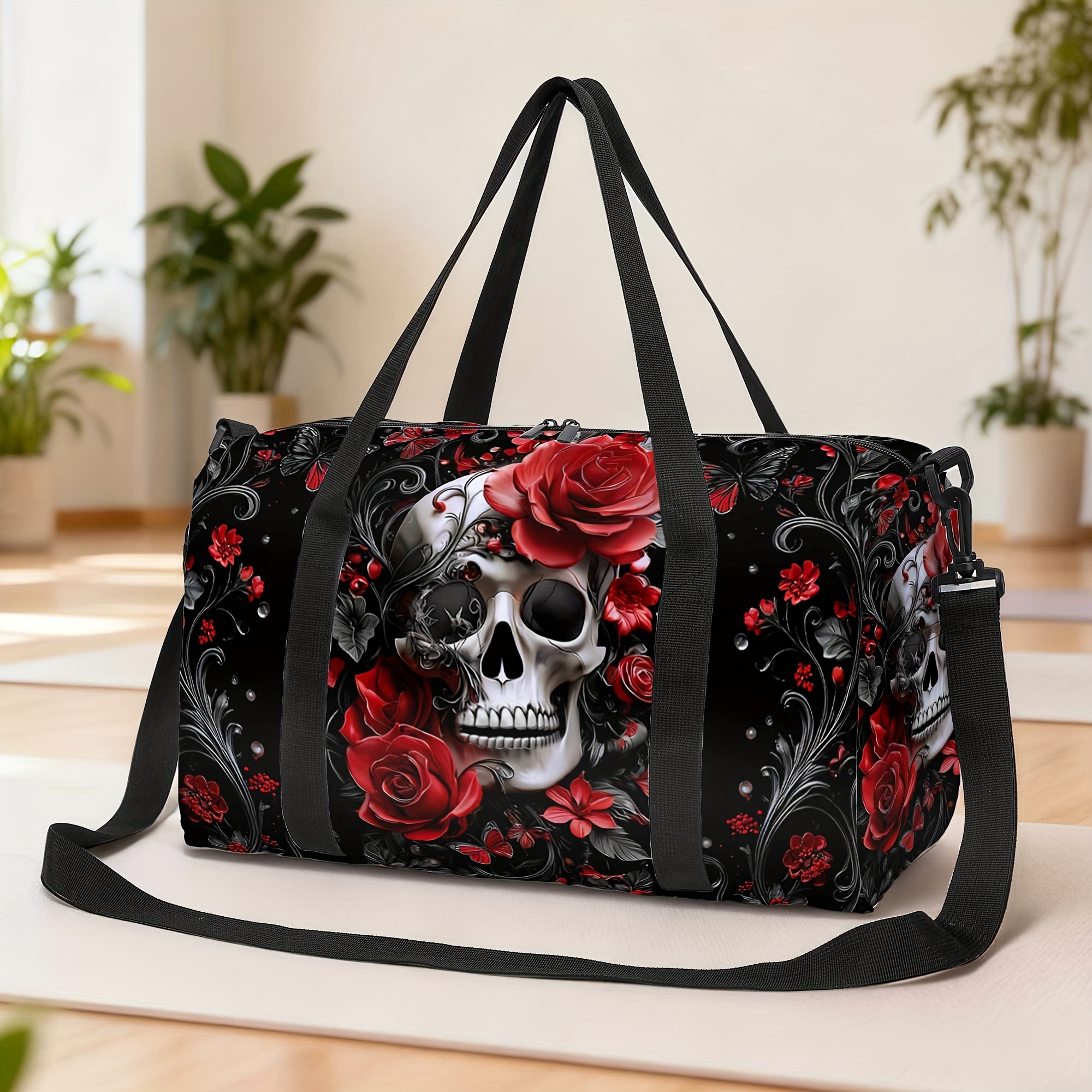 TEMU Skull Print Travel Bag, Trendy Women's Travel Organizer, Swimming, Sports, Fitness, And Yoga Bag