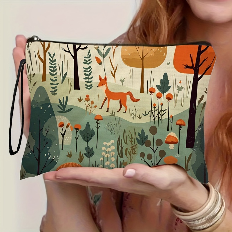 

Fox & Floral Print Makeup Bag - Waterproof Polyester, Zippered Cosmetic Pouch For Women, Accessory & Gift, 6.7" X 9.9