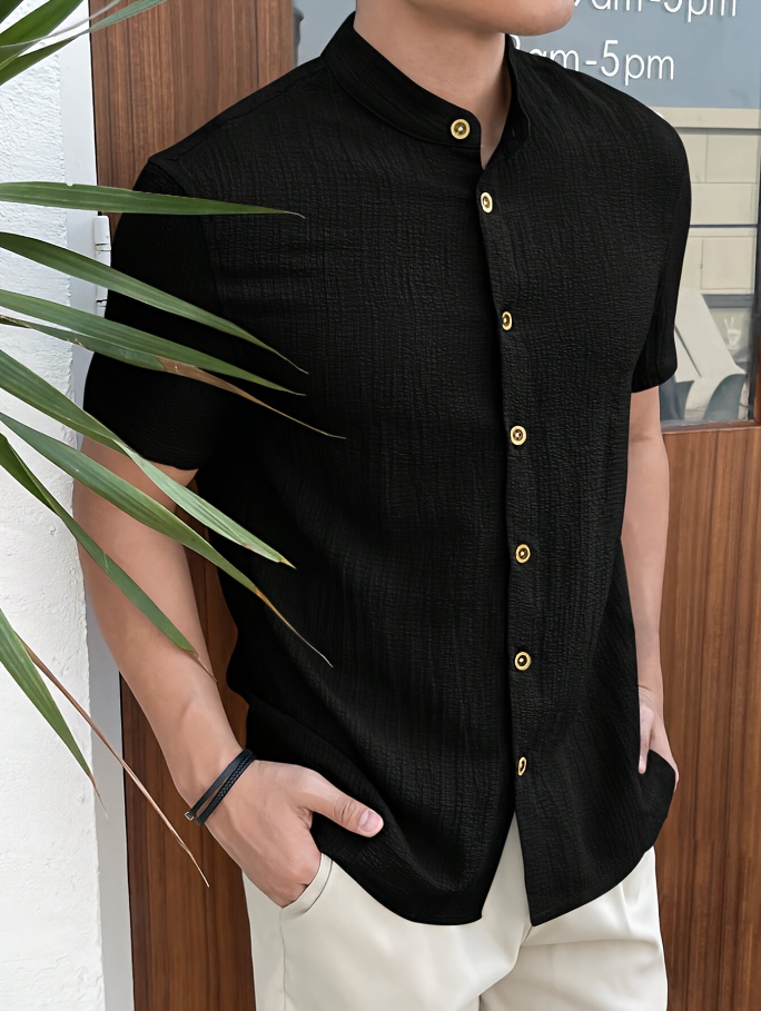 Men'S Lightweight Summer Casual Shirt - Solid Color Beige, Short Sleeve, Stand Collar, Button-Up, Breathable Woven Fabric for Outdoor & Weekend Wear, Relaxed Fit Shirt | Classic Collar Shirt | Durable Fabri