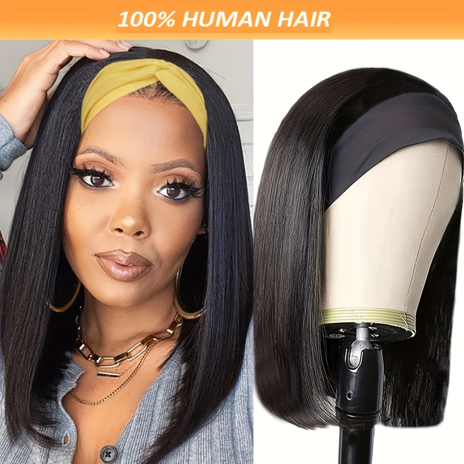 

Chic Bob Headband Wig For Women - 150% Density Brazilian Human Hair, Short Straight Style, Glueless & Full Machine Made, , 1b Color