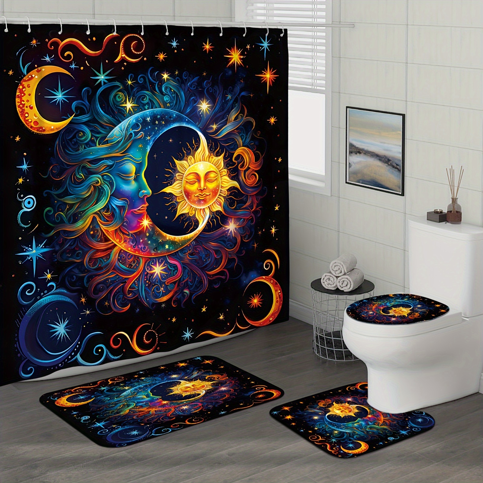 

1/4pcs Sun Moon Star Pattern Bathroom Shower Curtain Set, Waterproof Curtains With Plastic Hooks, Bathroom Carpet, U-shaped Mat, Toilet Cover Mat, Bathroom Decor