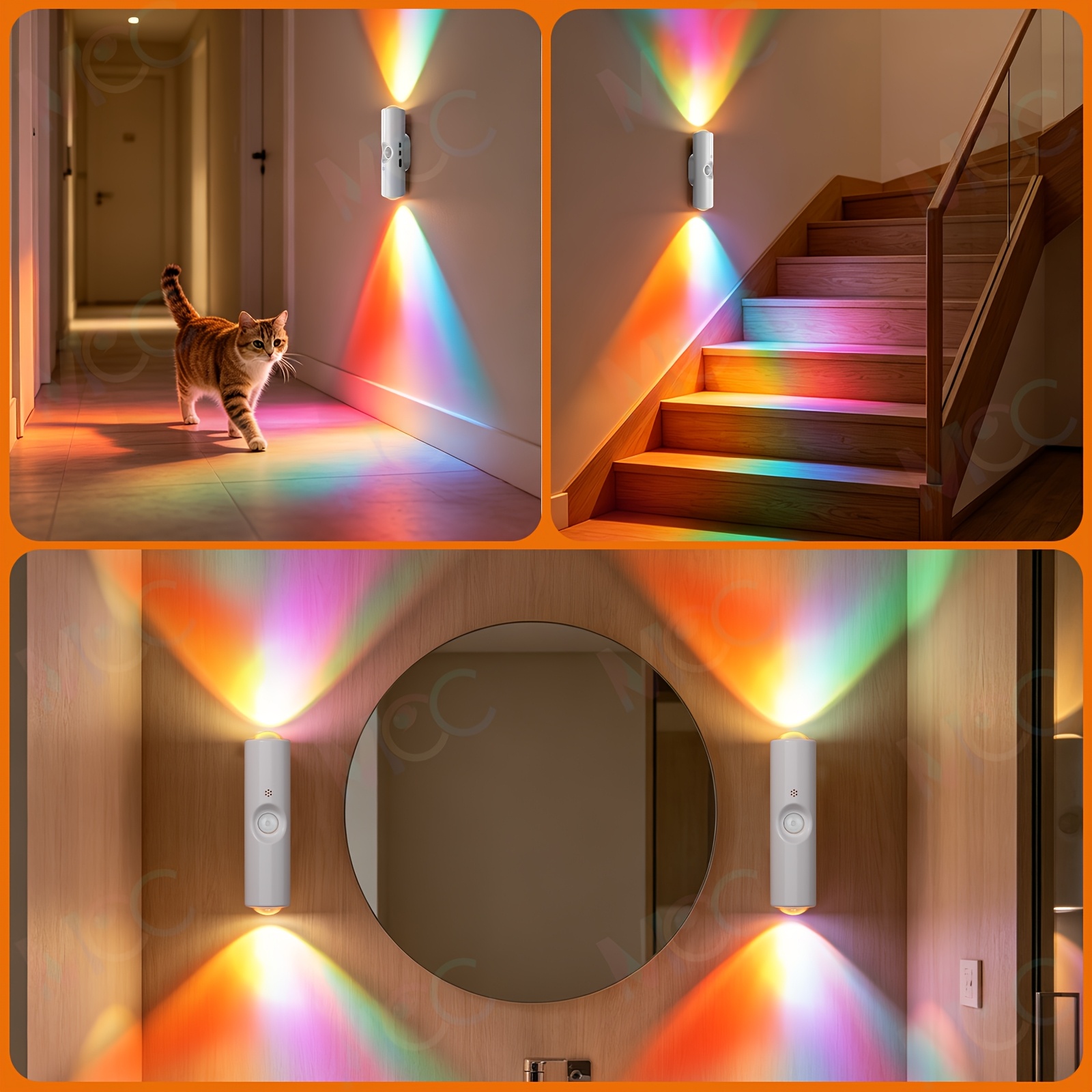 TEMU 1pc, -color Rgb Gradient Wall Light, 120° Motion & Voice Dual Sensor, Dimmable Auto , Built-in 665mah Battery, Usb Fast Charging, Magnetic