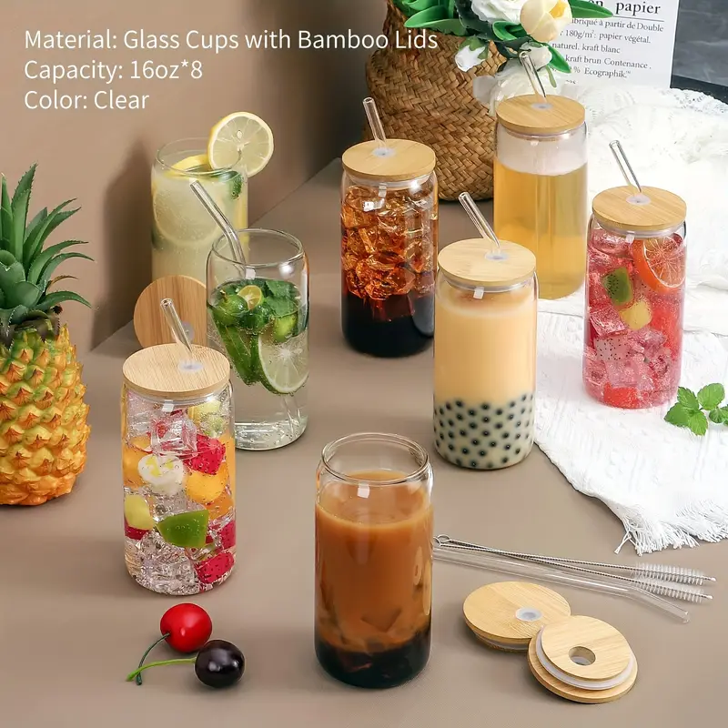 8 glass cup with bamboo lids and straws jar shaped glass cup iced coffee cup family birthday party drinking utensils cleaning brushes included suitable for juice drinks tea milk glass cups gift sets Product details 5