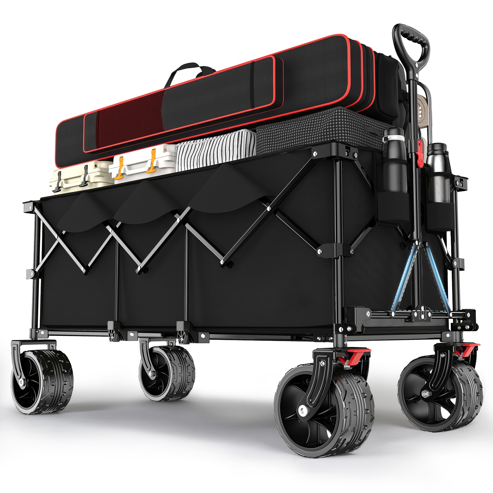 E-shop Industrietauglicher Klappwagen, 300L Fassungsvermögen, 200kg Belastung, 17x10cm Geländereifen, 4-Wege-Klappsystem, Rot mit Grau, Olivgrün,
