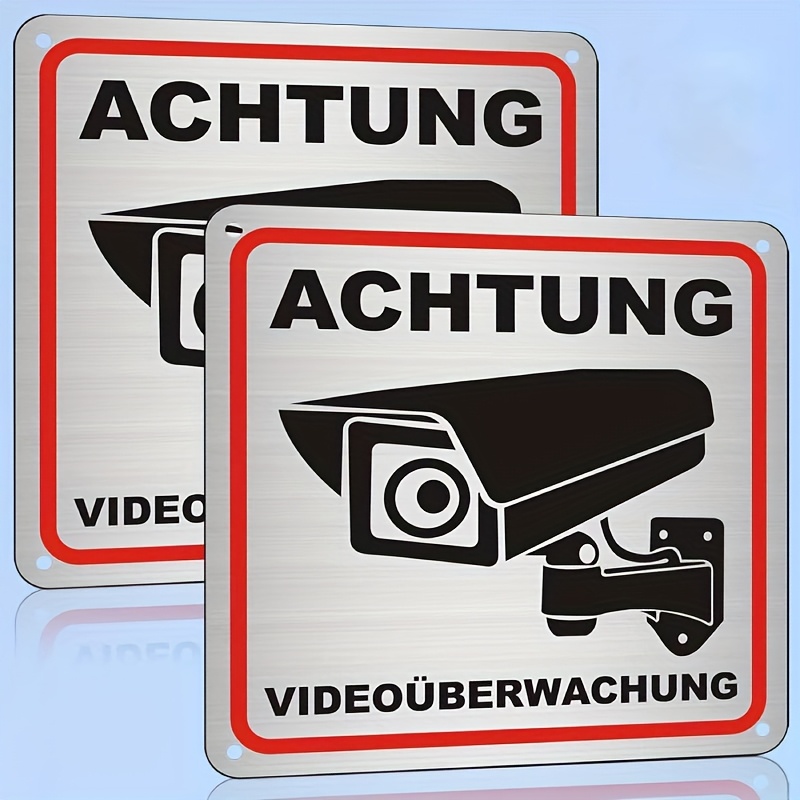 Image of 2-pack German Surveillance Sign, Video Surveillance Sign, 15 X 15cm Metal Sign, Camera Monitoring, 4 Pre-drilled Holes, Video Surveillance Sign