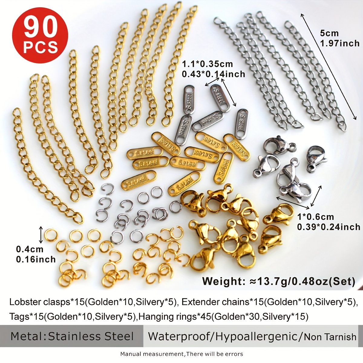 E-shop 90-teiliges Set, bestehend aus 15 Karabinerverschlüssen, 15 Verlängerungsketten, 15 Anhängern, 45 Hängeösen, handgefertigte Mode-Ergänzungen für