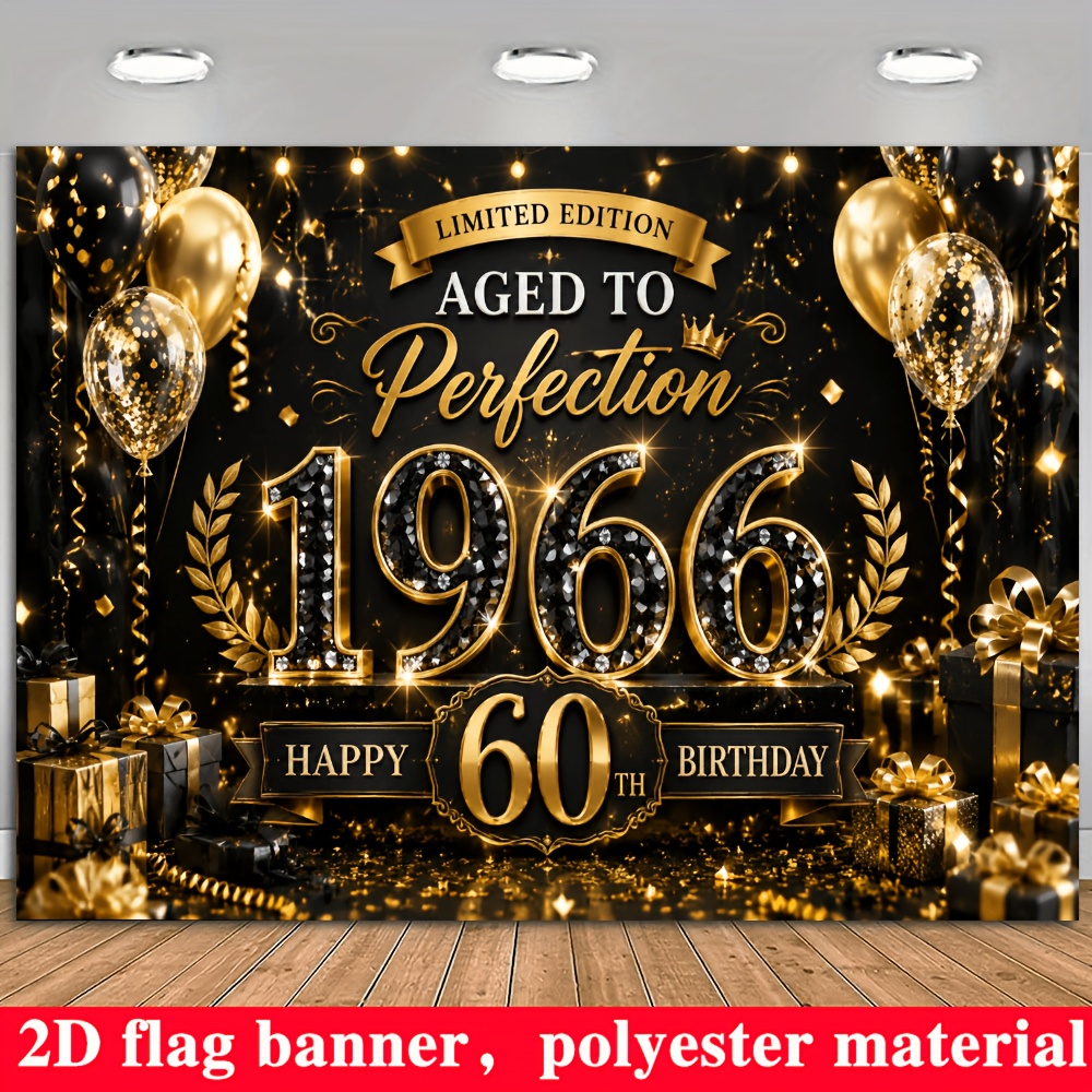TEMU 1pc 60th Birthday Banner Suitable For Born In 1966 - Golden & Balloon Decorations With Gift Box, Black & Golden Themed Backdrop For