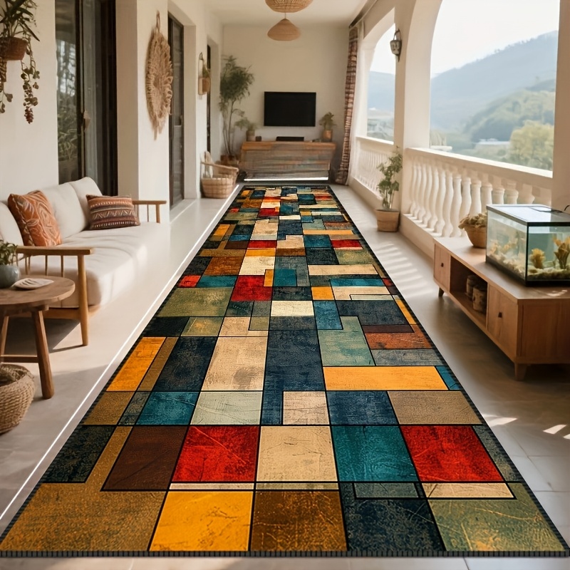 TEMU 1 pièce, Tapis de couloir long, style vintage, motif de collage de blocs, pour usage intérieur/extérieur, doux, confortable, , décoratif et