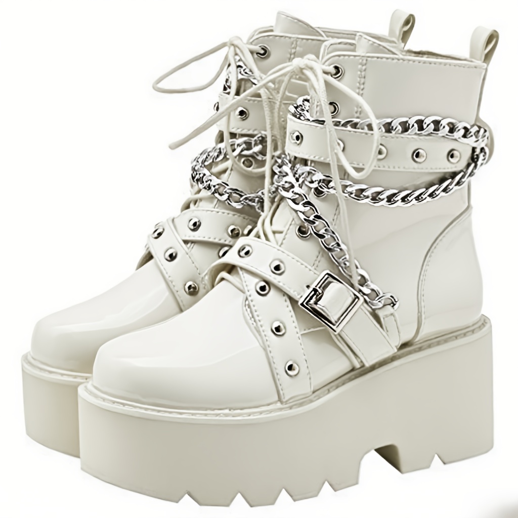 y2k platform boots punk chain boots black patent gothic - Temu