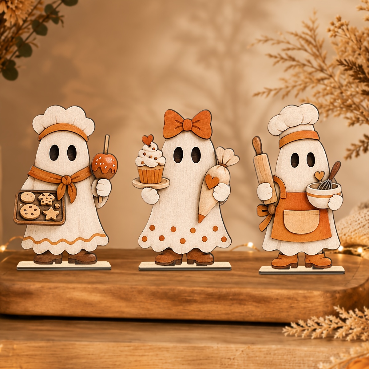 TEMU Ensemble de 3 figurines de en bois pour Halloween, qui fait des cupcakes, décorations de cuisson d'automne kawaii, ornements de table en bois,