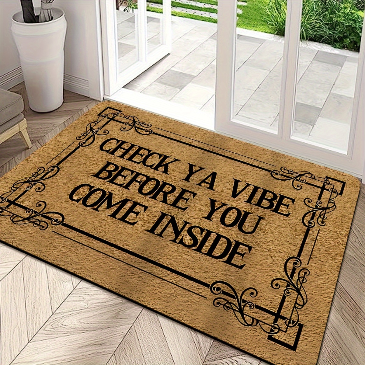 

Check Ya Vibe Welcome Door Mat, Indoor Low Pile Non-slip Machine Washable Polyester Rectangle Entry Rug, Stain Resistant Entrance Pad With Braided Edging, Humorous Text Design For Home Décor