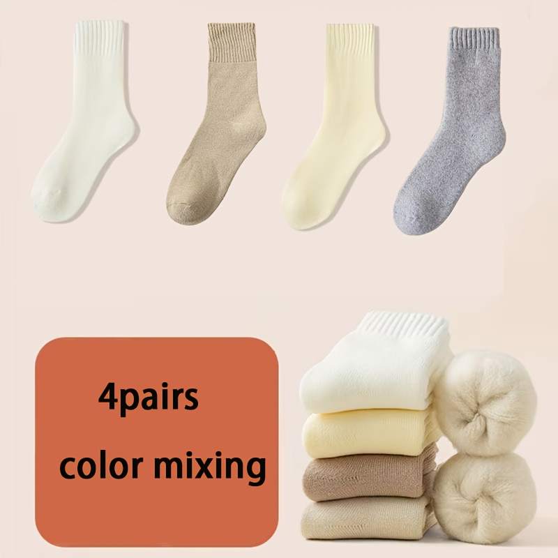 Image of 4 Pairs Of Women's Winter Soft Plush Lined Warm Socks, Autumn And Winter Thick Plush Polyester Warm Snow Socks, Suitable For Men And Women In Winter