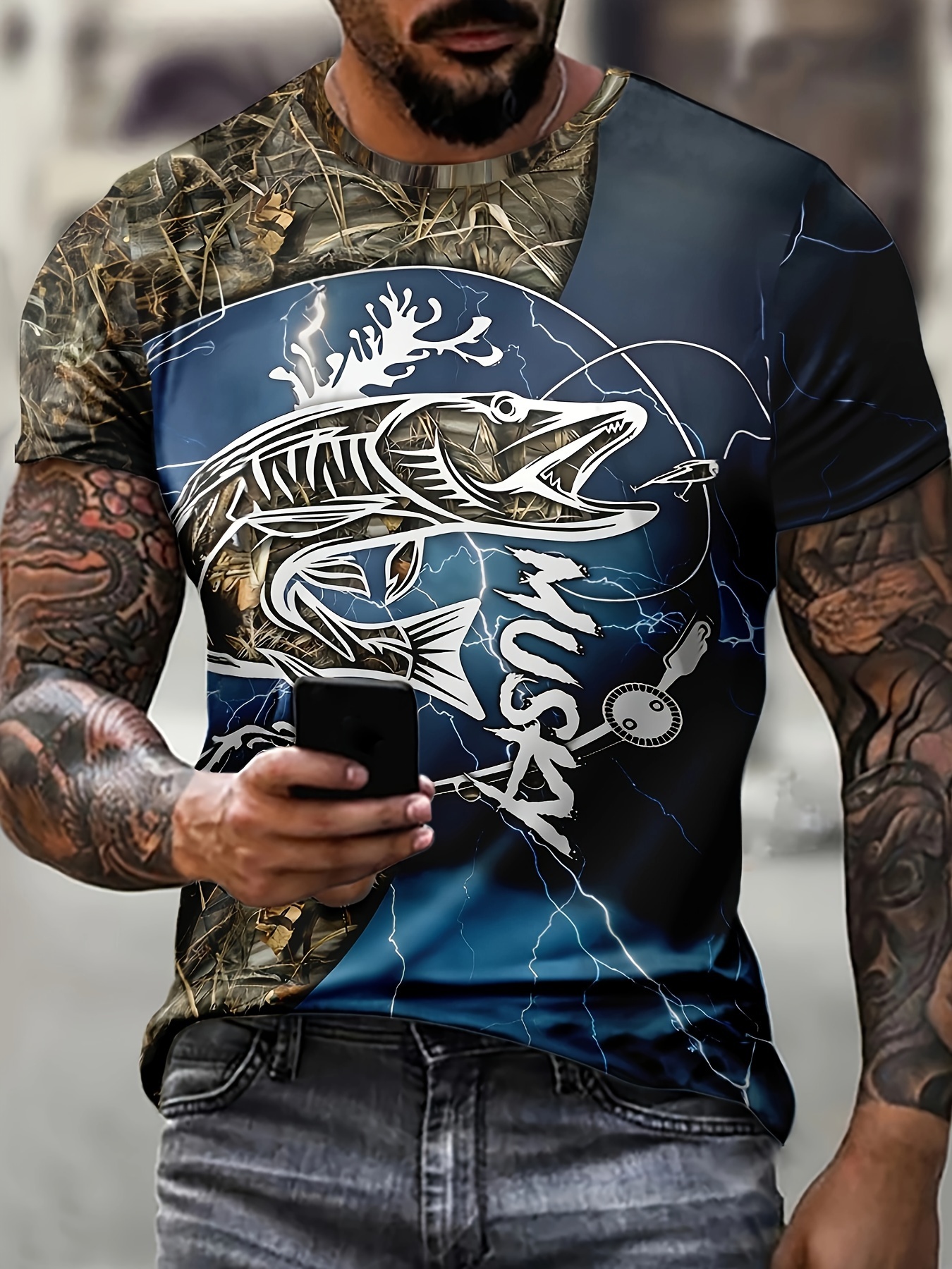Fish Print T shirt Men's Casual Street Style Stretch Round - Temu Canada