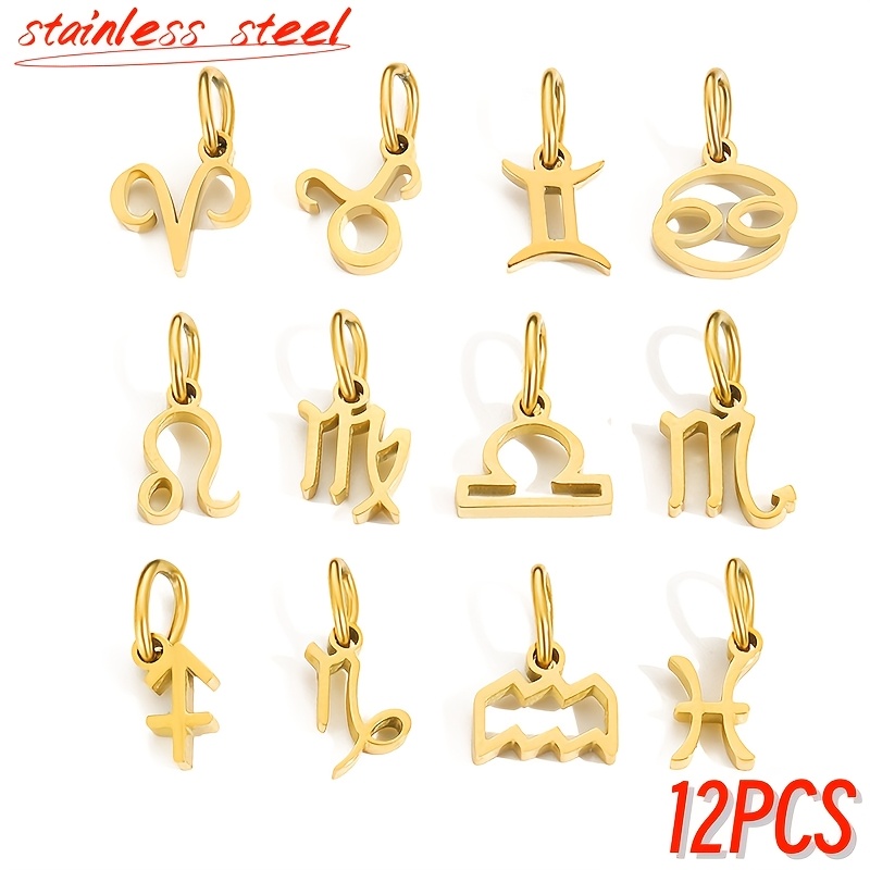 Image of 12pcs Back-to-school Steel Trendy Pendant Accessories - Zodiac Sign Set, Stylish Vintage Versatile Jewelry For Bracelets And Necklaces