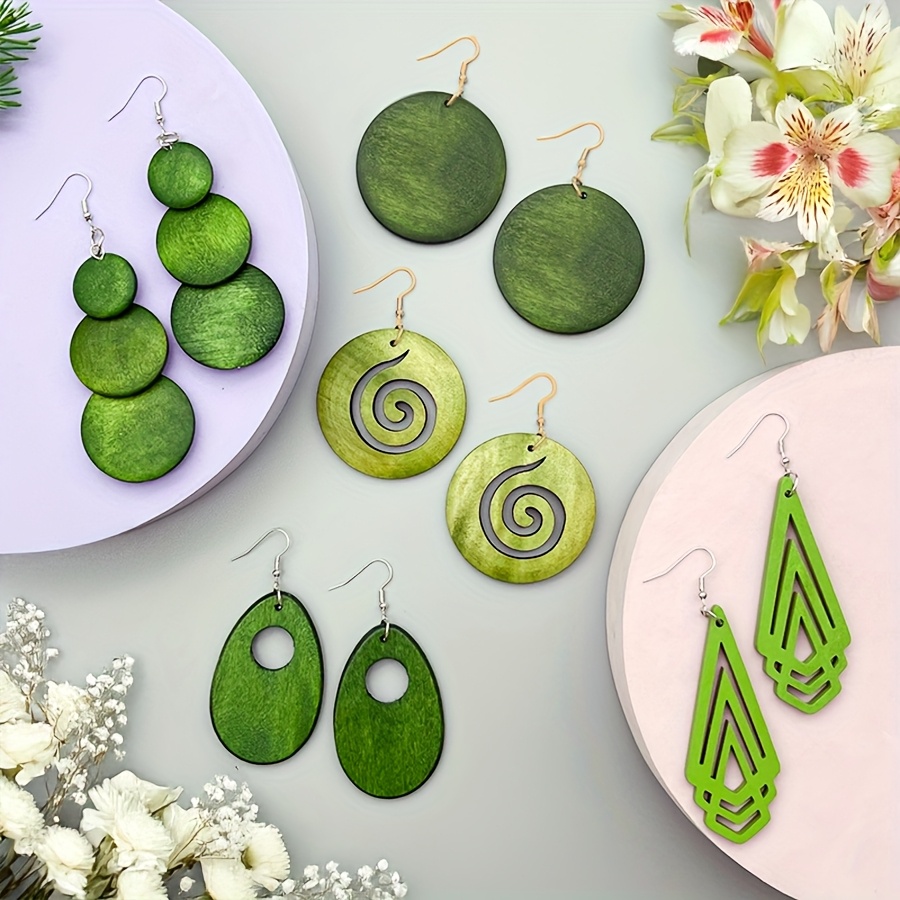 E-shop Vintage Minimalistische ländliche Holzohrringe mit frischem geometrischem Design für Damen - 5 Paar/Set erfrischende Hängeohrringe mit elegantem