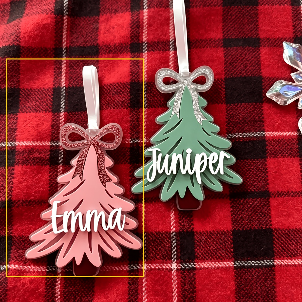 TEMU 2d Flat, 1pc Of Personalized Acrylic Name Christmas Tree-shaped Tag, Personalized Bow Christmas Tree Tag, Name Christmas Tree Topper Decoration