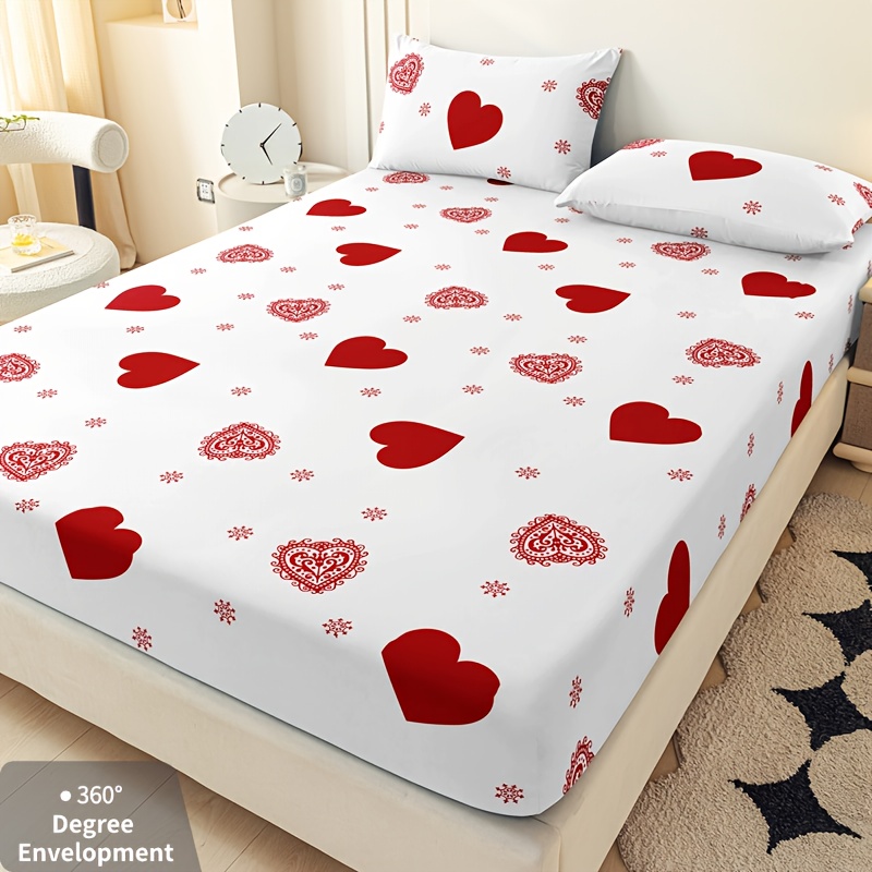 TEMU 3pcs Romantic Heart Bed Sheet Set With Pillowcases | Soft, Comfortable, And Breathable | Deep | And Non-slip, Stays In 24 Hours | Suitable For Bedrooms, Guest Rooms, And Student Dorms, In All