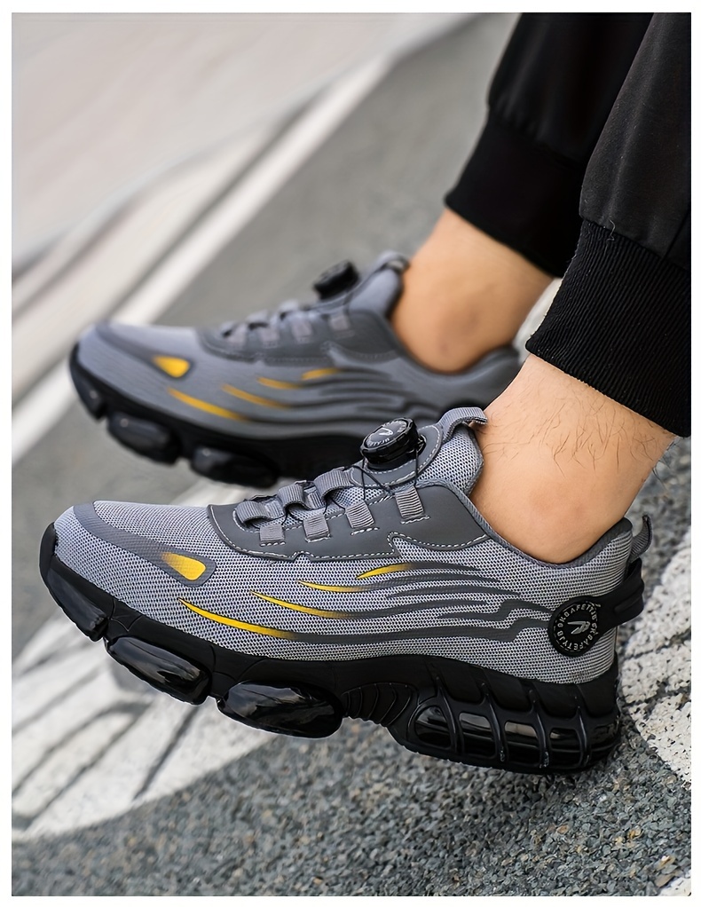 Men's Anti-Smashing Anti-Puncture Safety Work Shoes - Breathable Lace-Free Elastic Closure, Soft PU Sole with Metal Toe Cap, Retro Striped Design for Hiking, Outdoor & Daily Wear, Hiking Boots