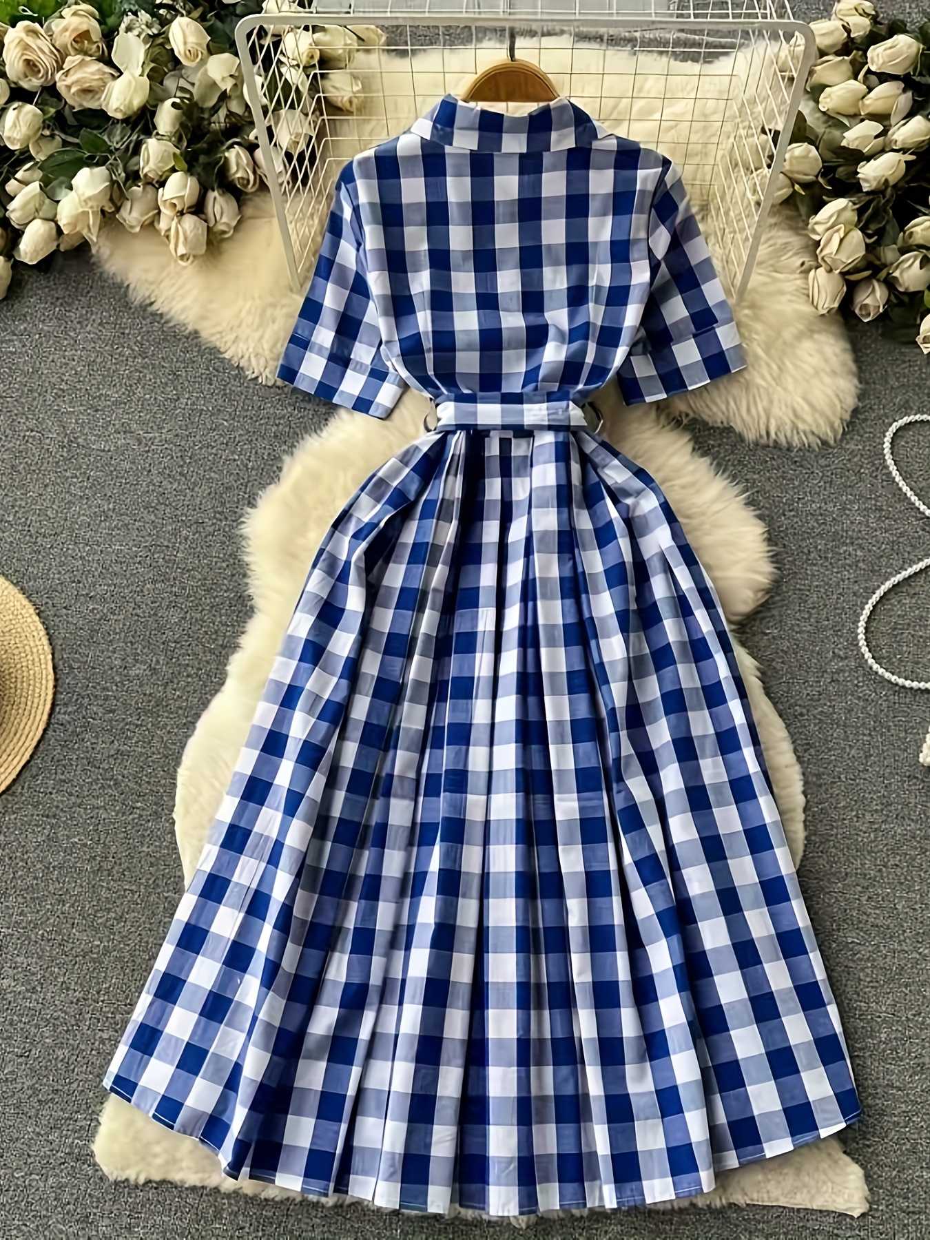 brazzers blue dress blonde 50s Vintage Day Dress Shirtwaist Blue Gingham Check Big Buttons R & K Originals VFG S/M main image 0