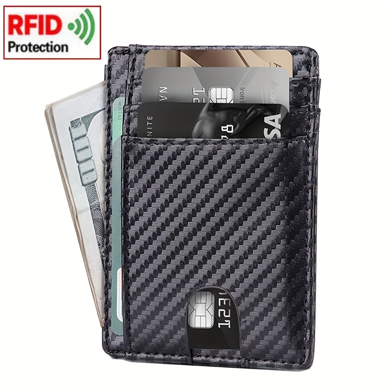 

Slim Rfid-blocking Leather Wallet For - Carbon Fiber Black, 8 Card Slots, Cash Holder, Transparent Window - Ideal For Credit, Debit Cards & Use, Small Wallet