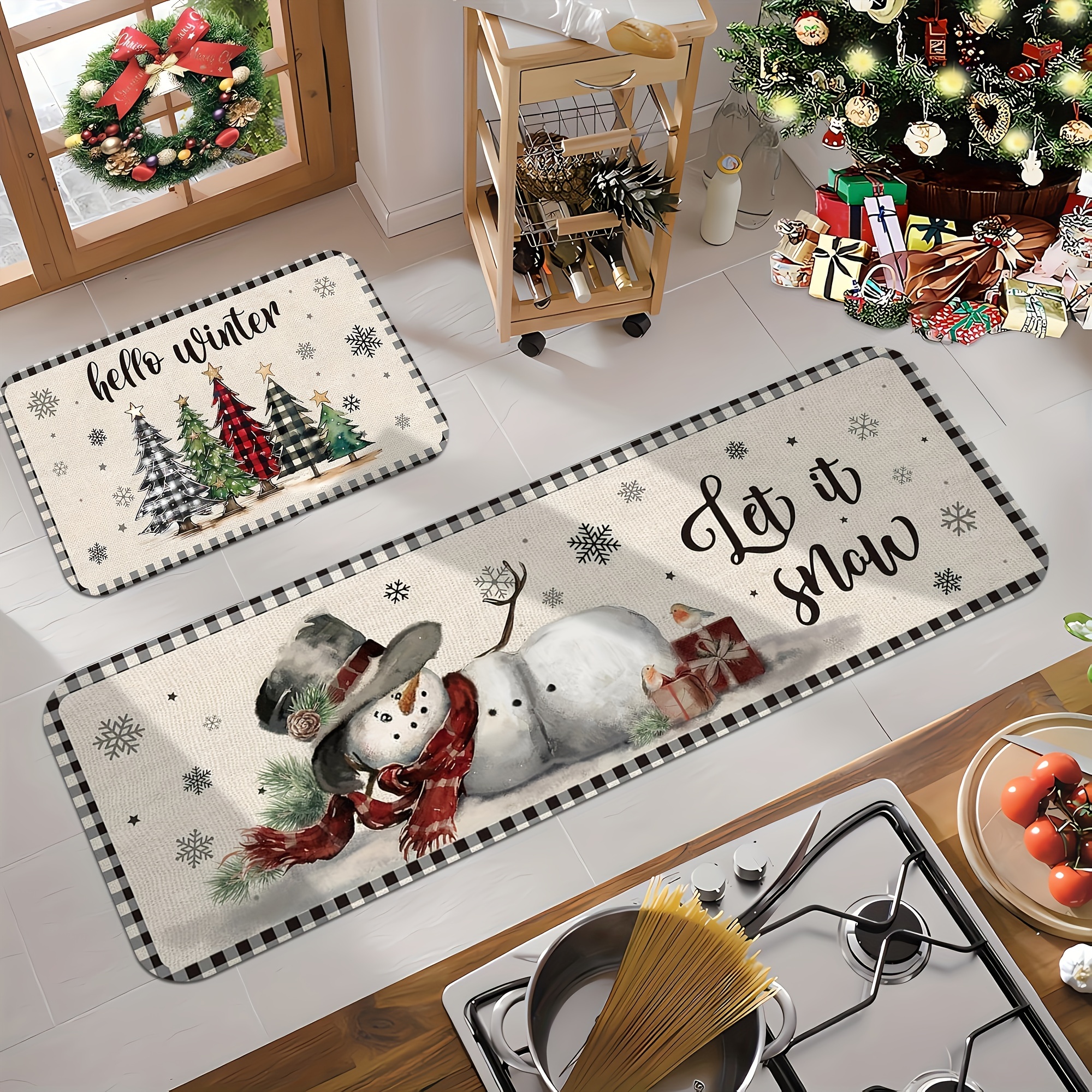 

Christmas Cheer Kitchen Mat - Snowman & , Non-slip, Stain-resistant, Waterproof Memory Foam Rug For Home Decor - Living Room, Bedroom, Hallway, Bathroom - Machine Washable Flannel