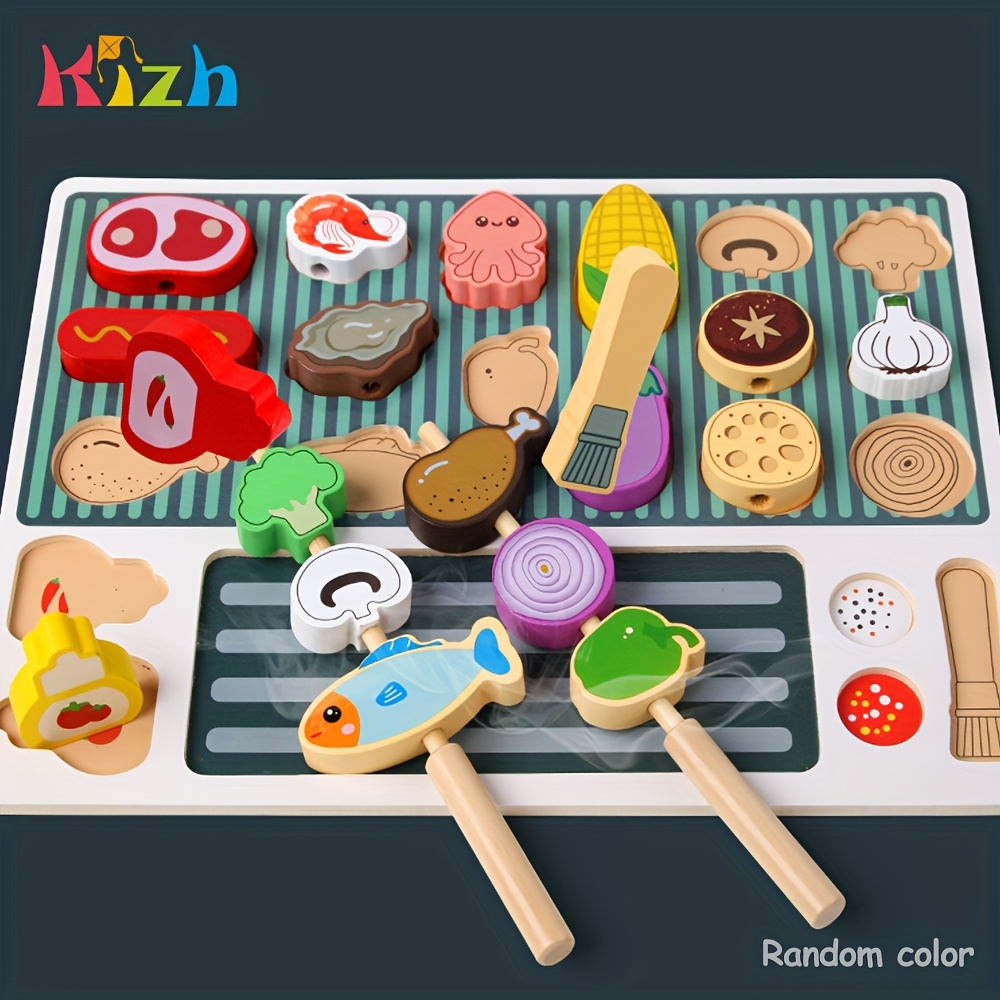 TEMU Kizh Wooden Bbq Playset - Pretend Grill & Camping Cooking Toy Kit For , Colors