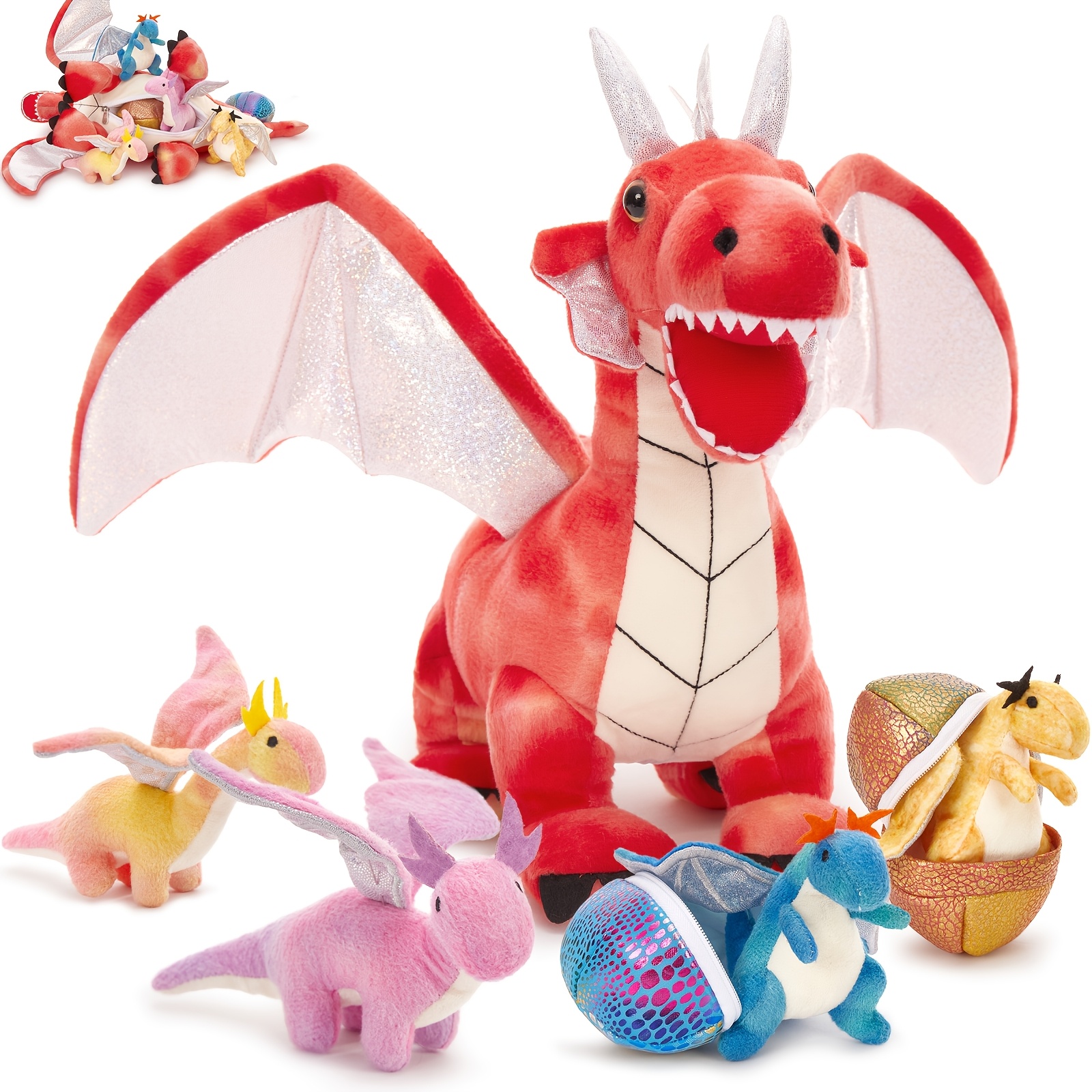 Image of Morismos 7pcs Dragon Plush Toy Set For Kid, 22 Inch Large Dragon Stuffed Animal With 4 Babies And 2 Eggs In Belly, Dinosaur Plush Easter Gift For Boy Girl Birthday Baby Shower Party Decor