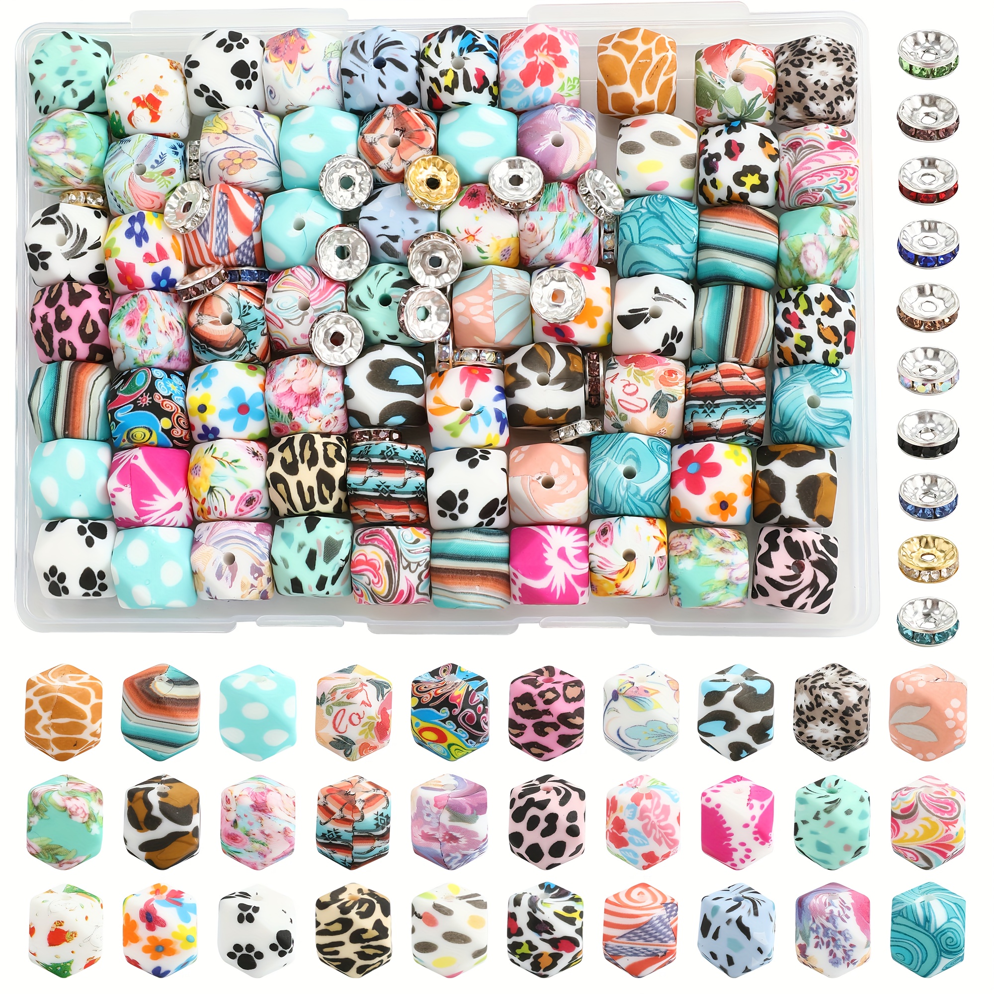 TEMU 50/107pcs Of Colored Watermarked Polygonal Silicon Beads - Featuring Styles Of Hexagonal Beads And Spacer Beads - Suitable For Diy Necklaces,