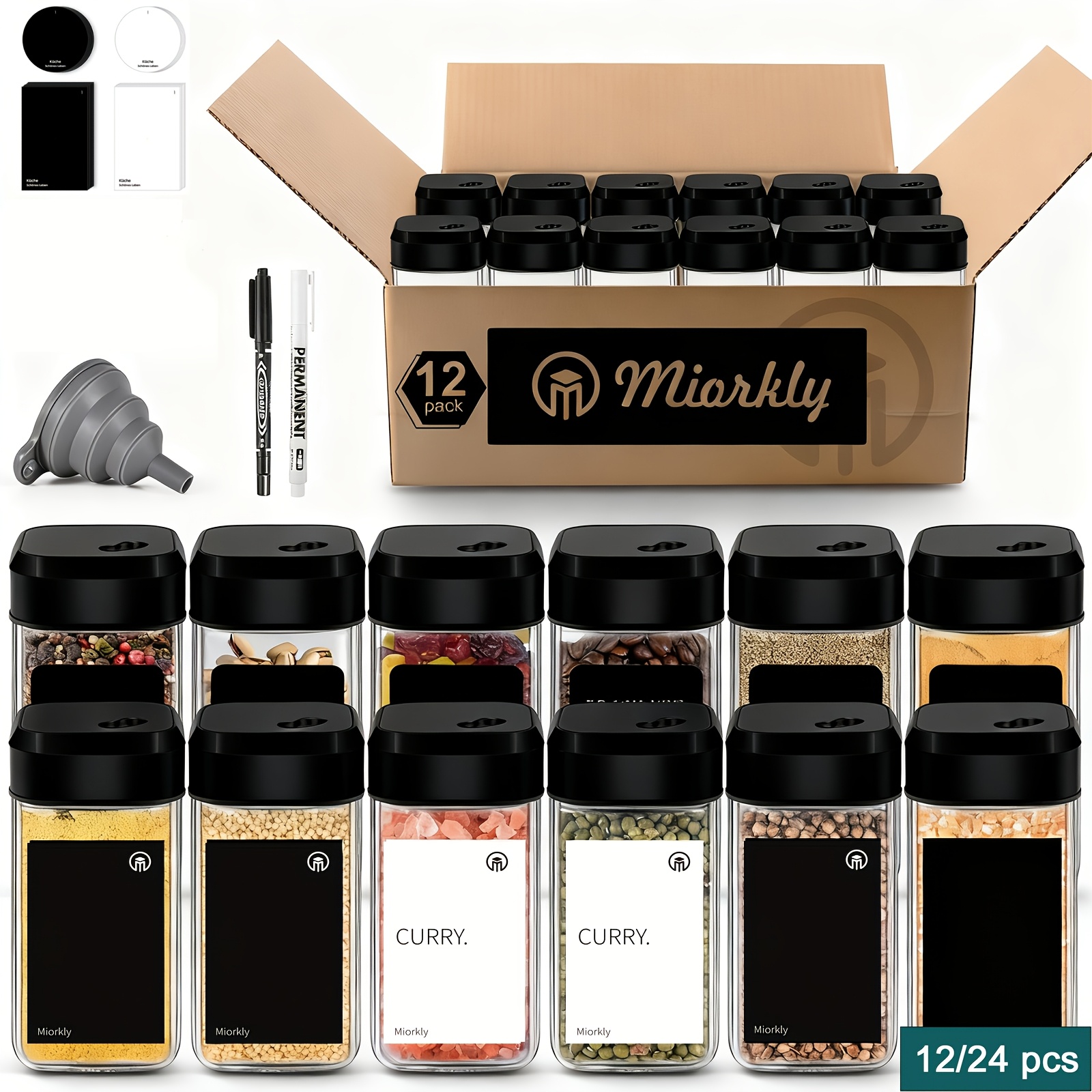 Square Spice Jars - 12/24pcs Set, With Black Stainless Steel Rotating Lid, 120ml Spice Jar Set, With Shakers, High Quality Spice Jars, Glass Spice Storage Box, Includes Funnel, Labels And Pen.