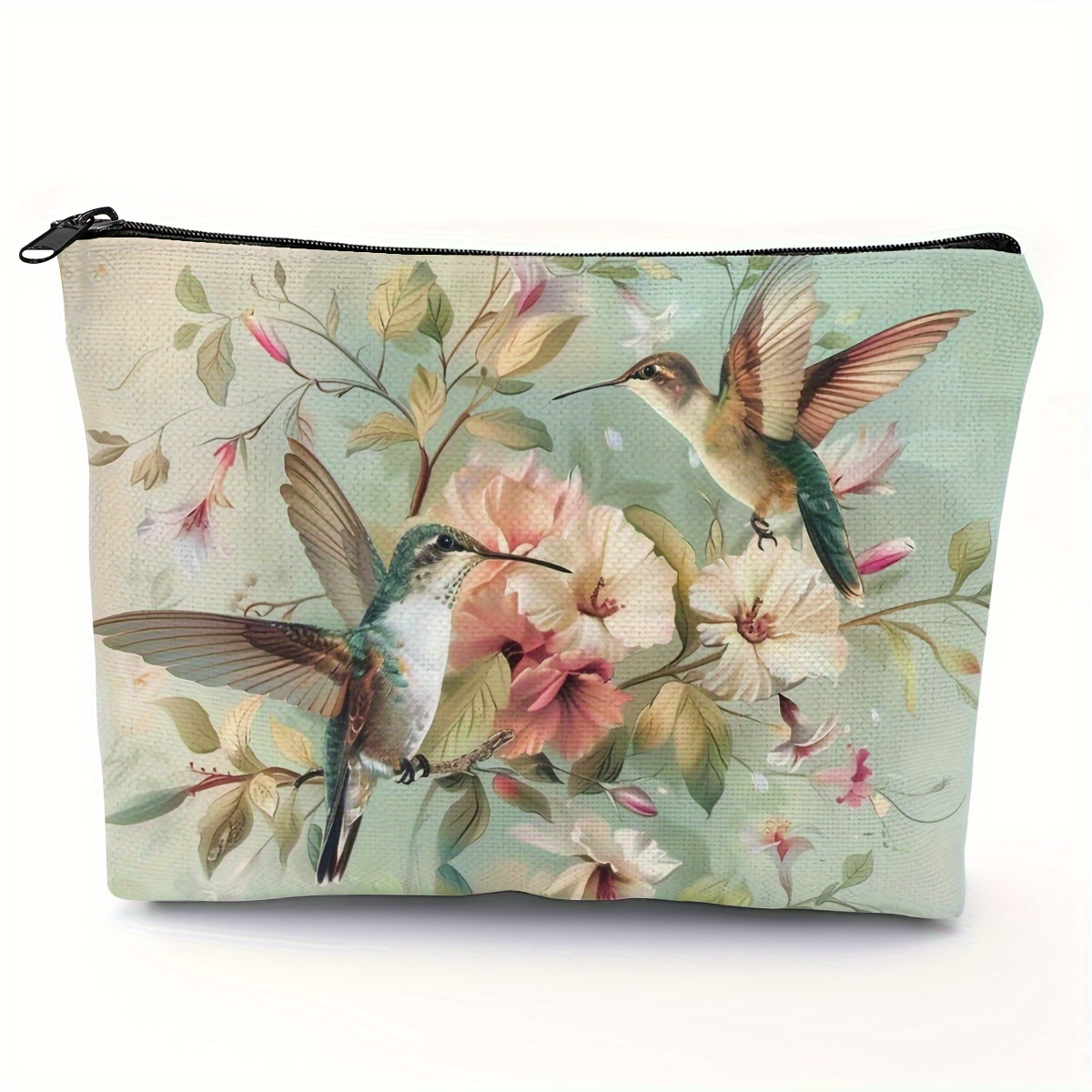 

Hummingbird & Floral Makeup Bag Pouch For Women, Casual Polyester Toiletry Organizer With Zipper Closure, Hand Washable, 5.51x8.66 Inches - 1pc