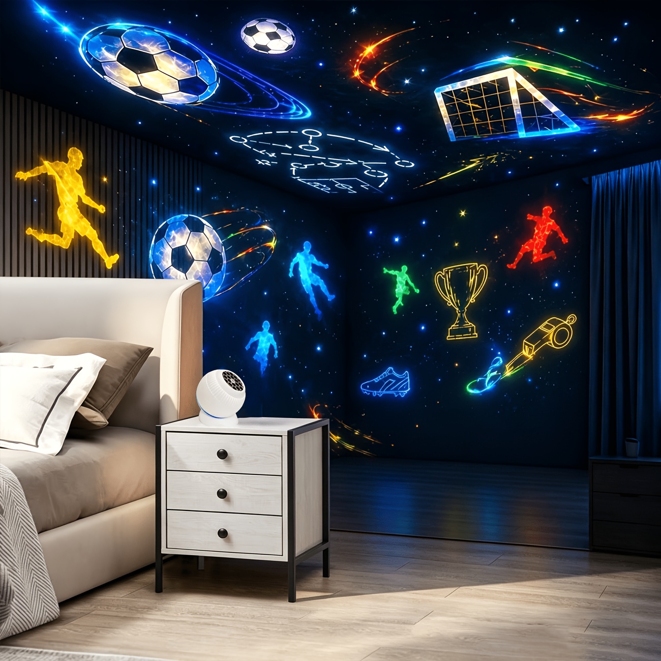 TEMU 1 Veilleuse de Projection Dynamique Portable Football/Océan, Alimentation par USB Plug-and-Play, Base Rotative à 360° avec de Projection