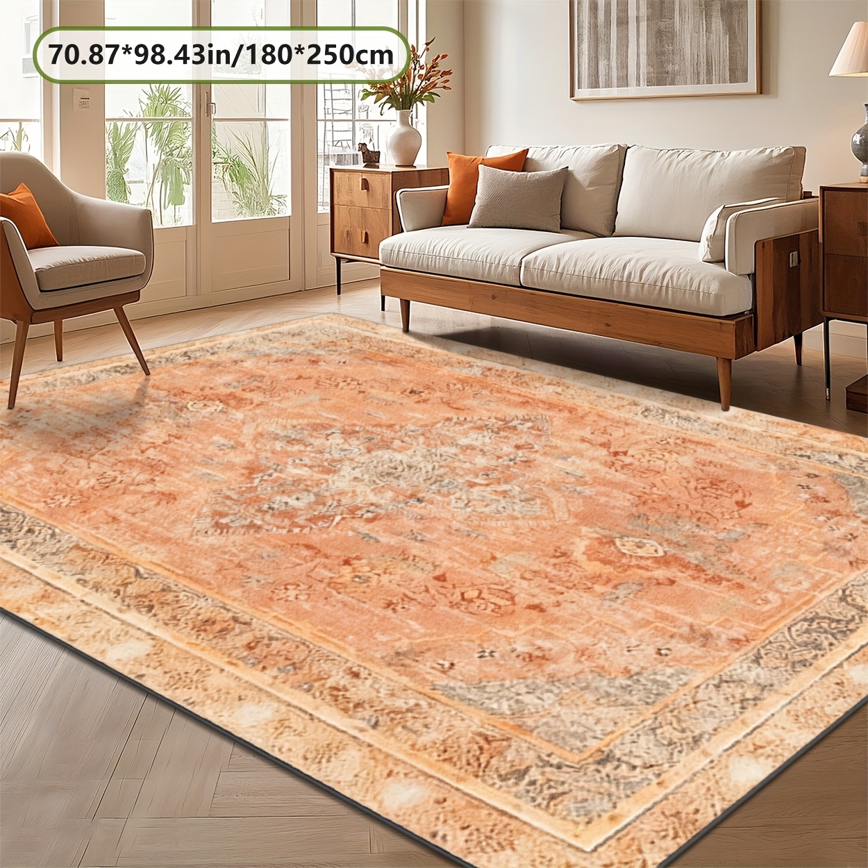 TEMU This Orange Vintage-style Carpet Features A Soft Plush Texture And A Dotted Plastic Bottom. A Printed Rug Suitable For Modern Home Decor And