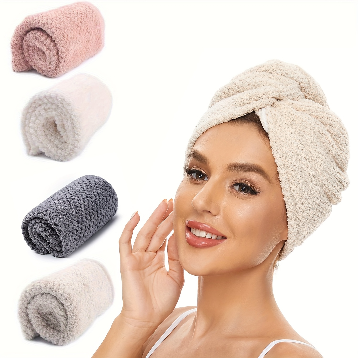 TEMU Set Of 4 Microfiber Hair Turbans: Quick-drying Towels For Long Curls, Featuring Buttons For And Absorbency.