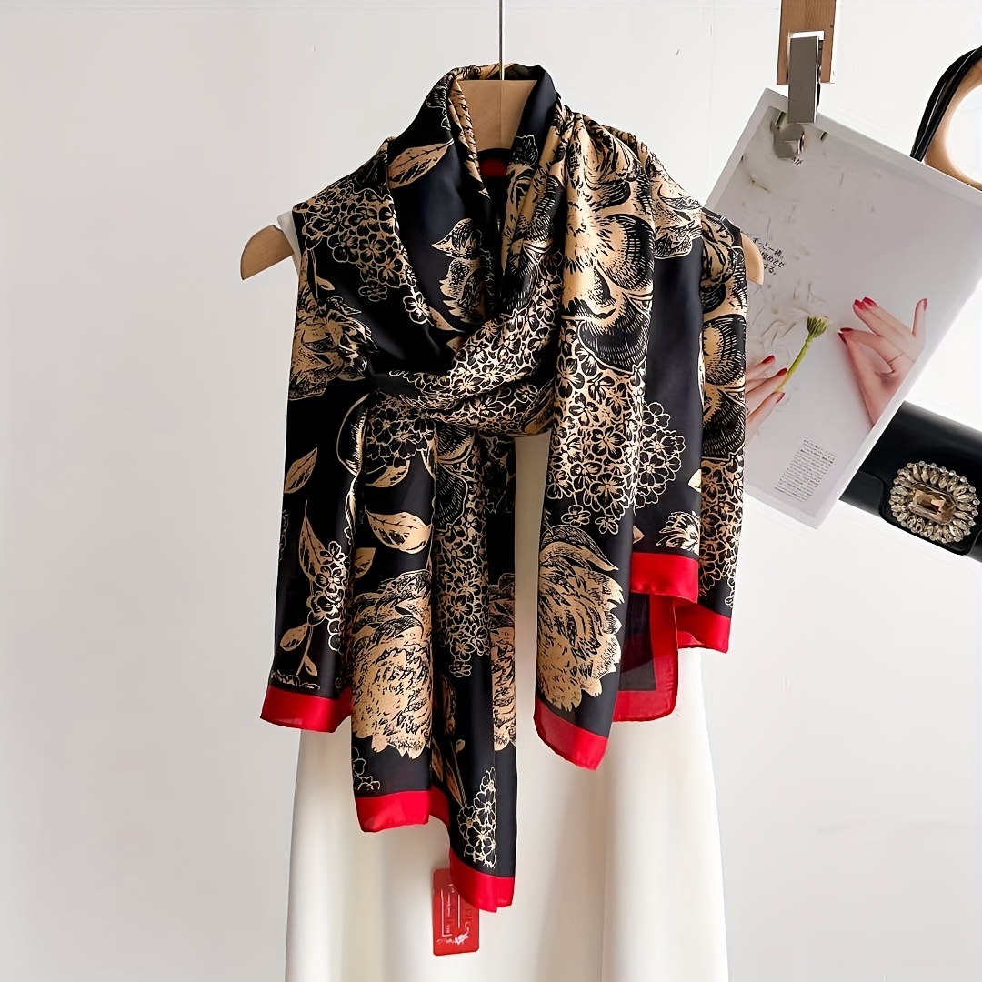 

Elegant Floral Print Scarf - Silk-like Satin Shawl For Women, Perfect For Spring & Autumn, Sun Protection Beach Wrap