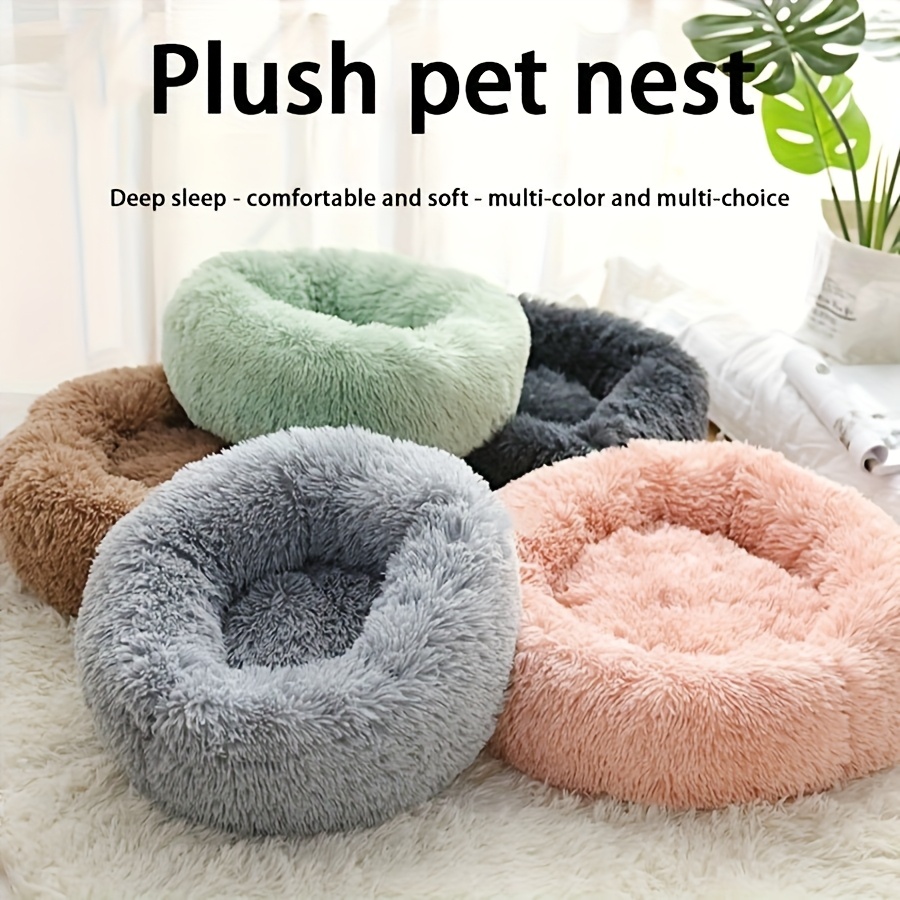 cozy plush round bed for small medium dogs cats fluffy   bed with soft artificial fur warm sleeping pad durable cover fiber fill   for puppy kitten bedding