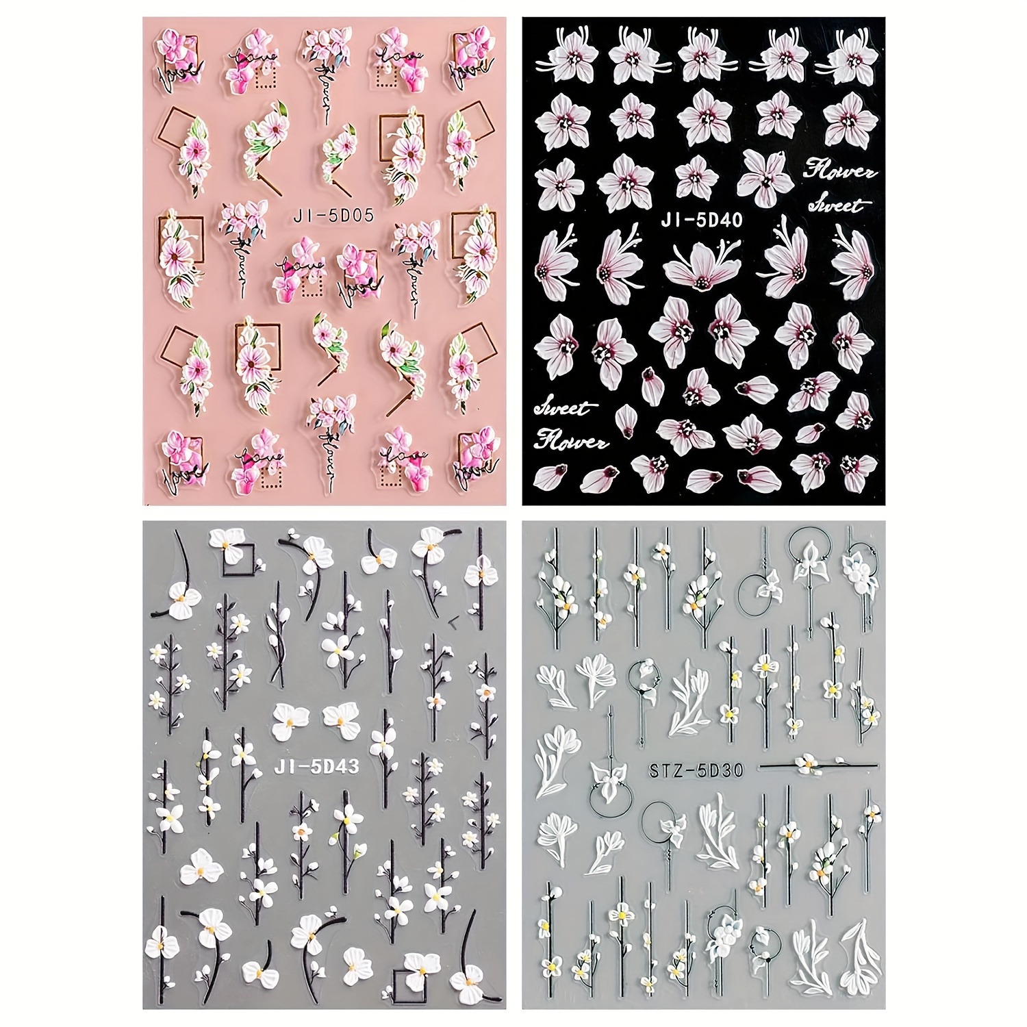 TEMU Of Three-dimensional Embossed Spring Flower Nail Art Stickers, Self-adhesive, Featuring Colorful 5d Summer Floral Designs For Nail Decoration And Additions