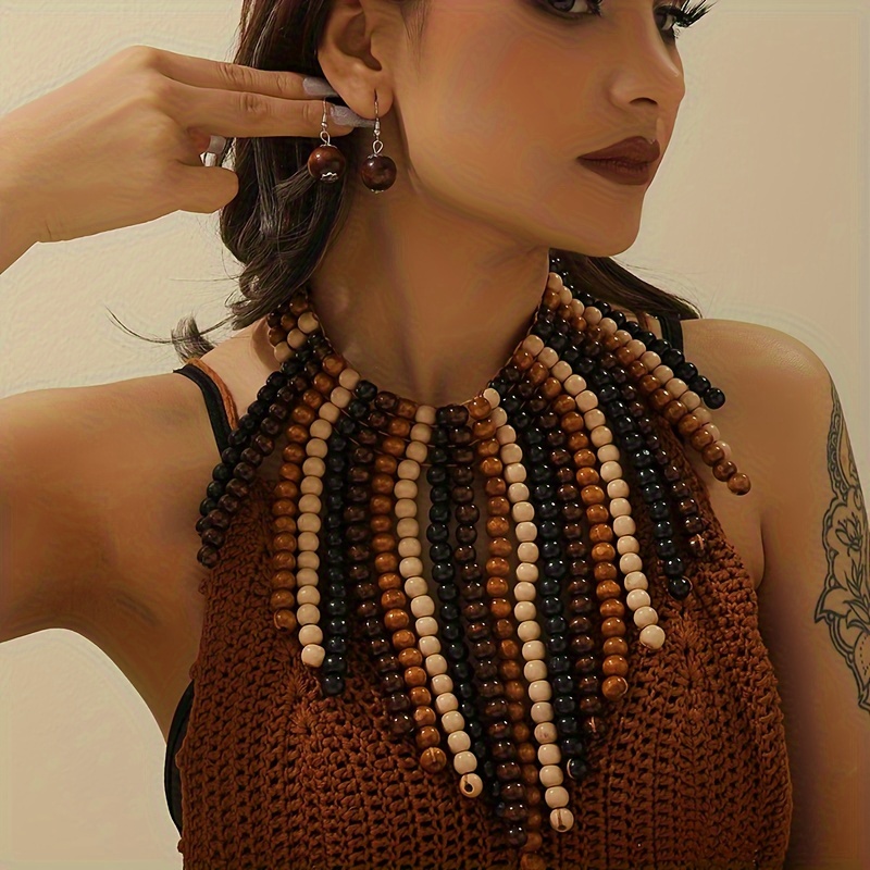 

Exaggerated Tassel Handmade Heavy Wooden Beads Braided Bohemian Necklace Earrings
