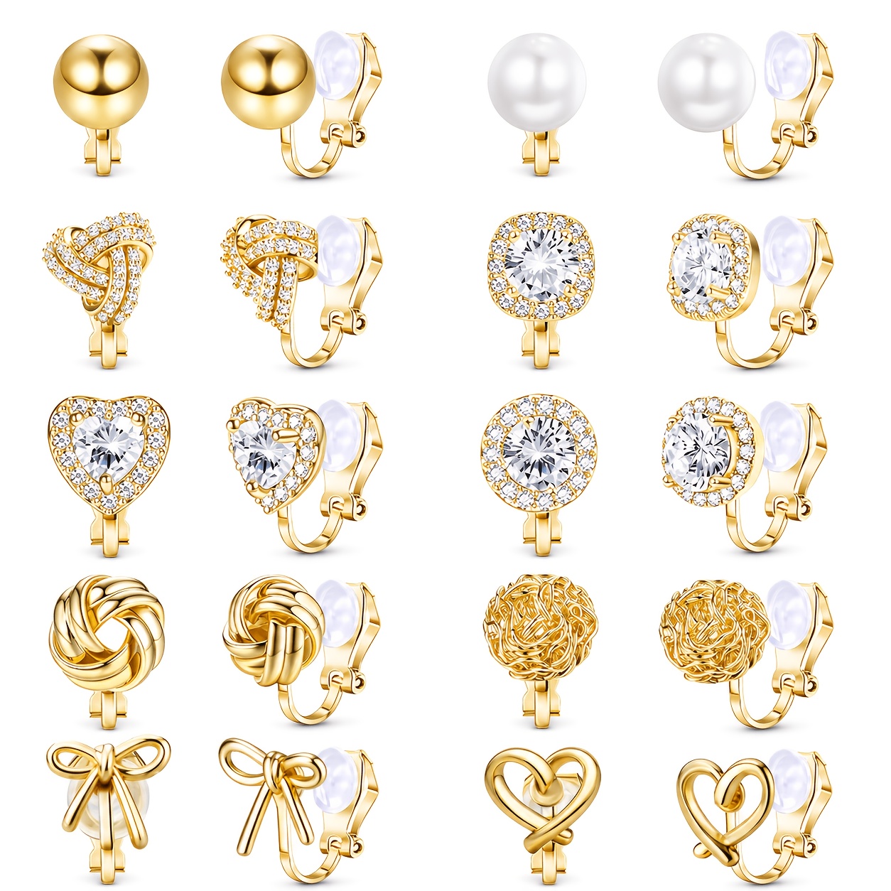TEMU 10 Pairs Clip On Earrings Set For Women, Mixed Round Ball Twist Knot Halo Square Halo Heart Halo Round Plain Twist Woven Mesh Ball Bow Tie