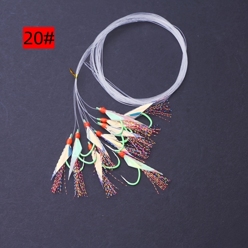 Image of 10pcs Of Luminous Bionic Beige Hooks, In Sizes #13, #14, #15, #16, #17, #18, And #20, With Sharp Barbed Points For Fish Hooking. Line Meter Long, Sturdy And Durable, Suitable For Catching Types