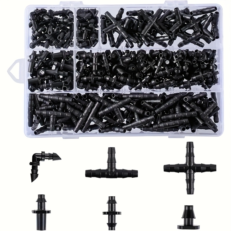 Image of 280 Drip Irrigation Kits With Barbed Connectors - Set Of Garden, Lawn, And Flowerbed Plumbing Accessories - Includes Straight Pipes, Single-headed T-joints, Elbows, End Caps, And Connectors.