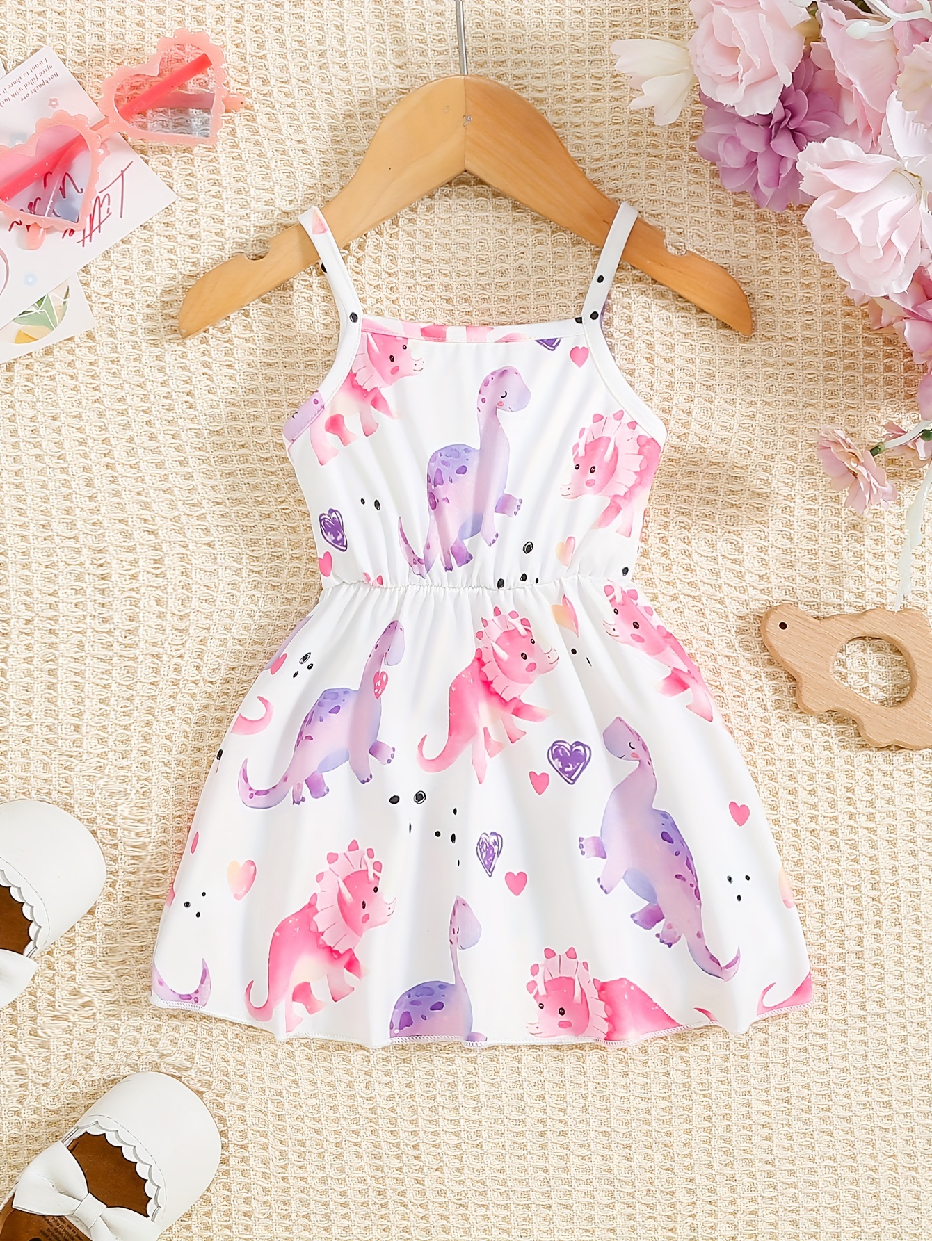 Baby's Color Clash Cartoon Dinosaur Pattern Cami Dress, Casual Sleeveless Dress, Infant & Toddler Girl's Clothing For Summer, As Gift