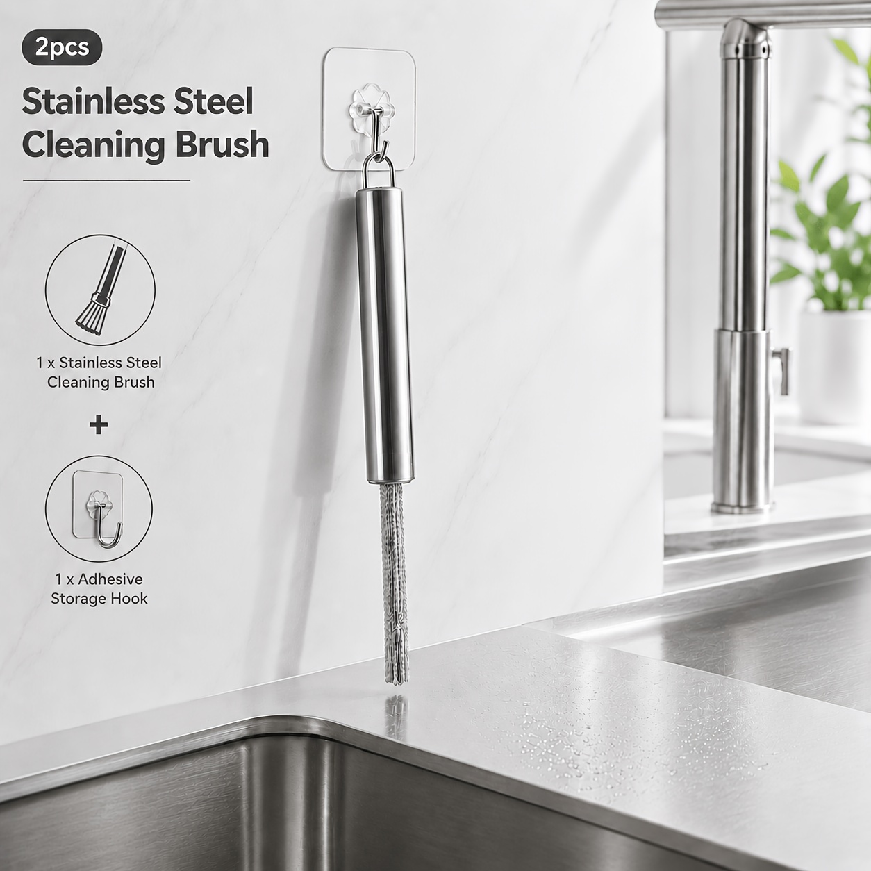 TEMU 2pcs Household Cleaning Set (1pc Cleaning Brush And 1pc Storage Hook), Long Handle Scrub Brush For Bathroom And Kitchen
