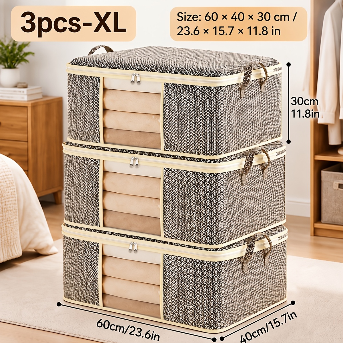 TEMU 3 piezas de bolsas grandes para guardar ropa, organizador de armario plegable con cremallera, ventana transparente y reforzadas, bolsas de